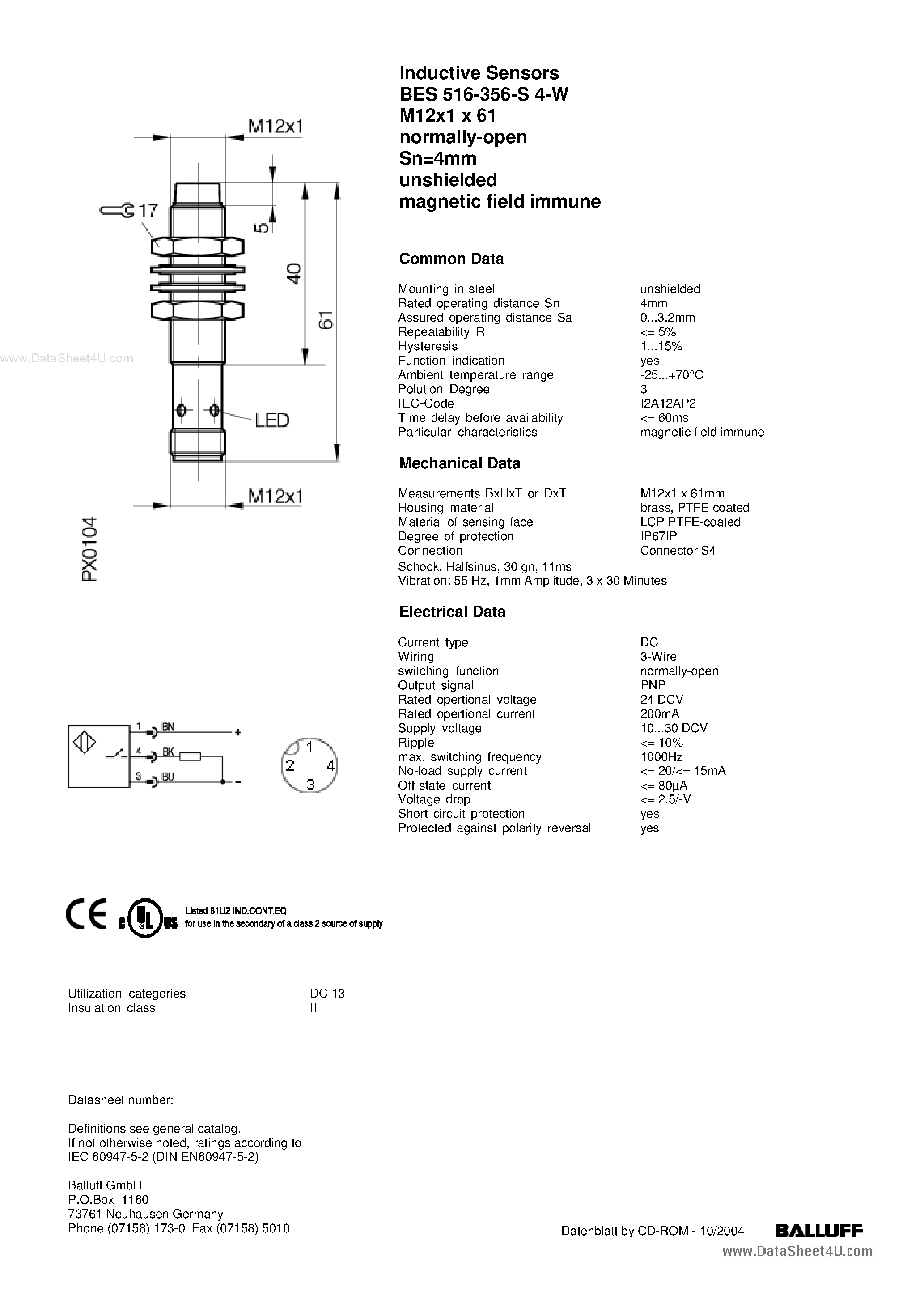 Datasheet BES-516-356-S4-W - Inductive Sensors page 1