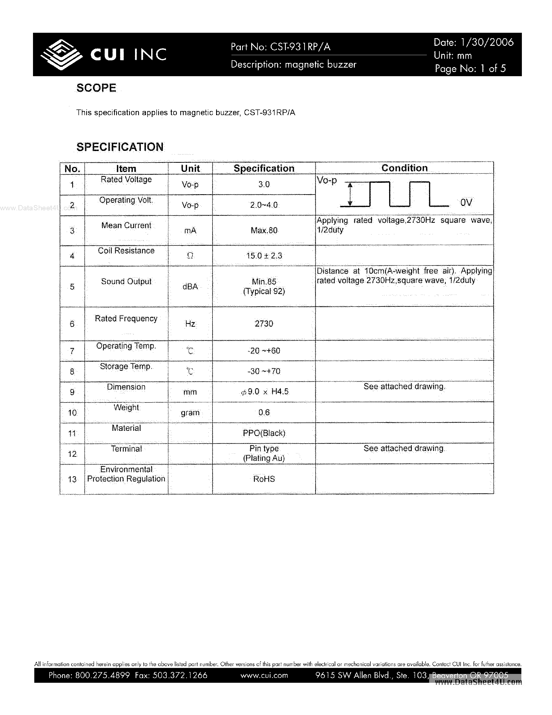 Datasheet CST-931RP - magnetic buzzer page 1