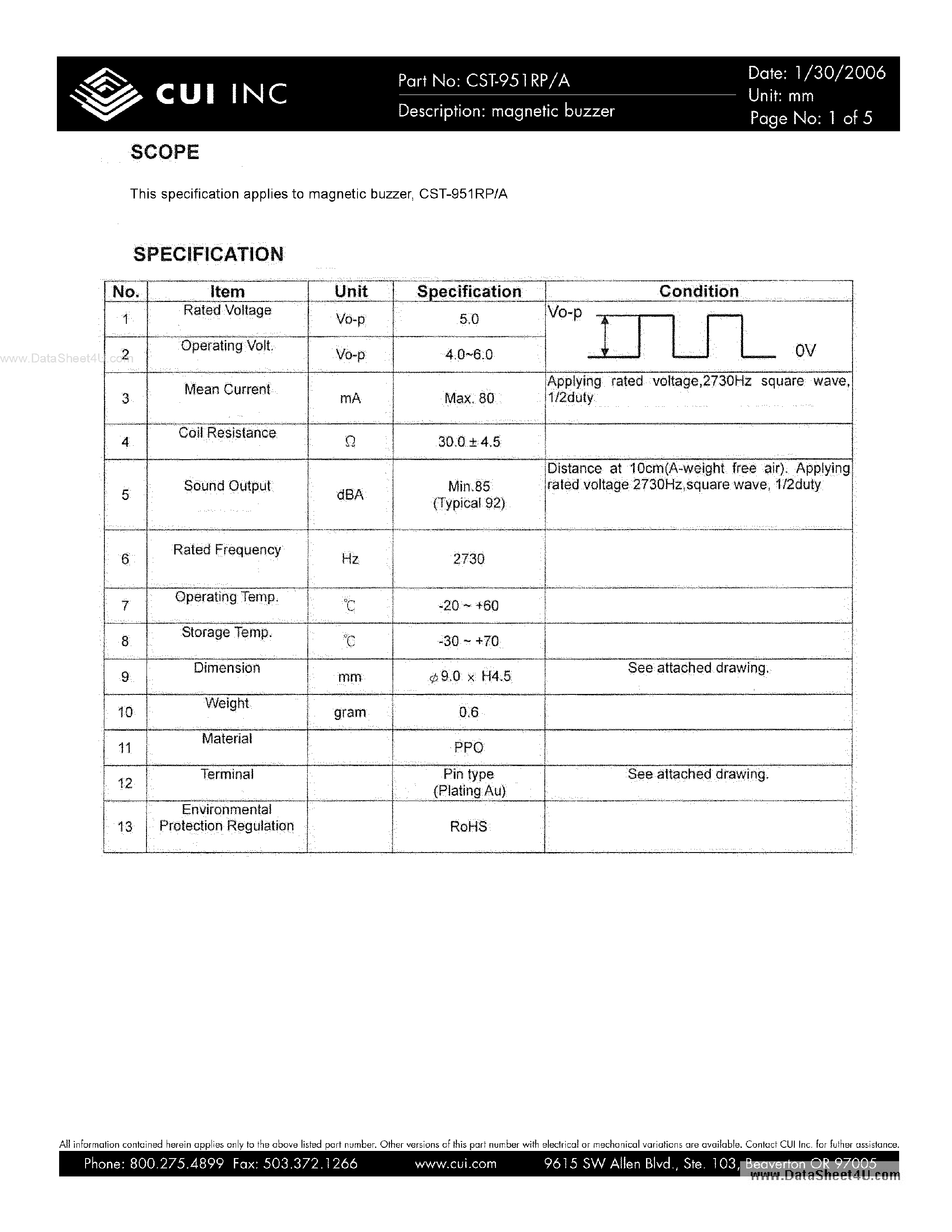 Datasheet CST-951RP - magnetic buzzer page 1