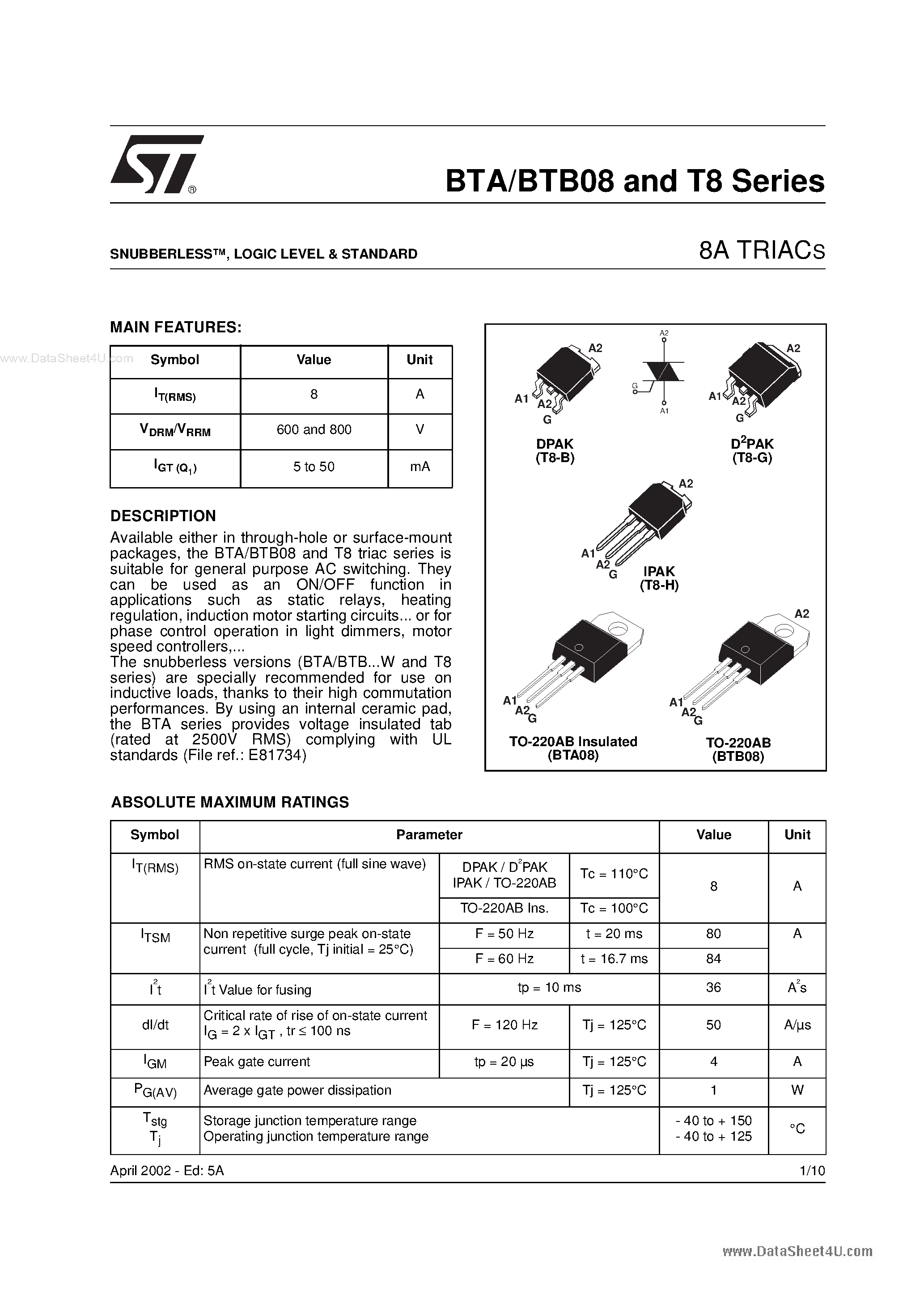 Datasheet BTB-800 - 8A TRIACS page 1