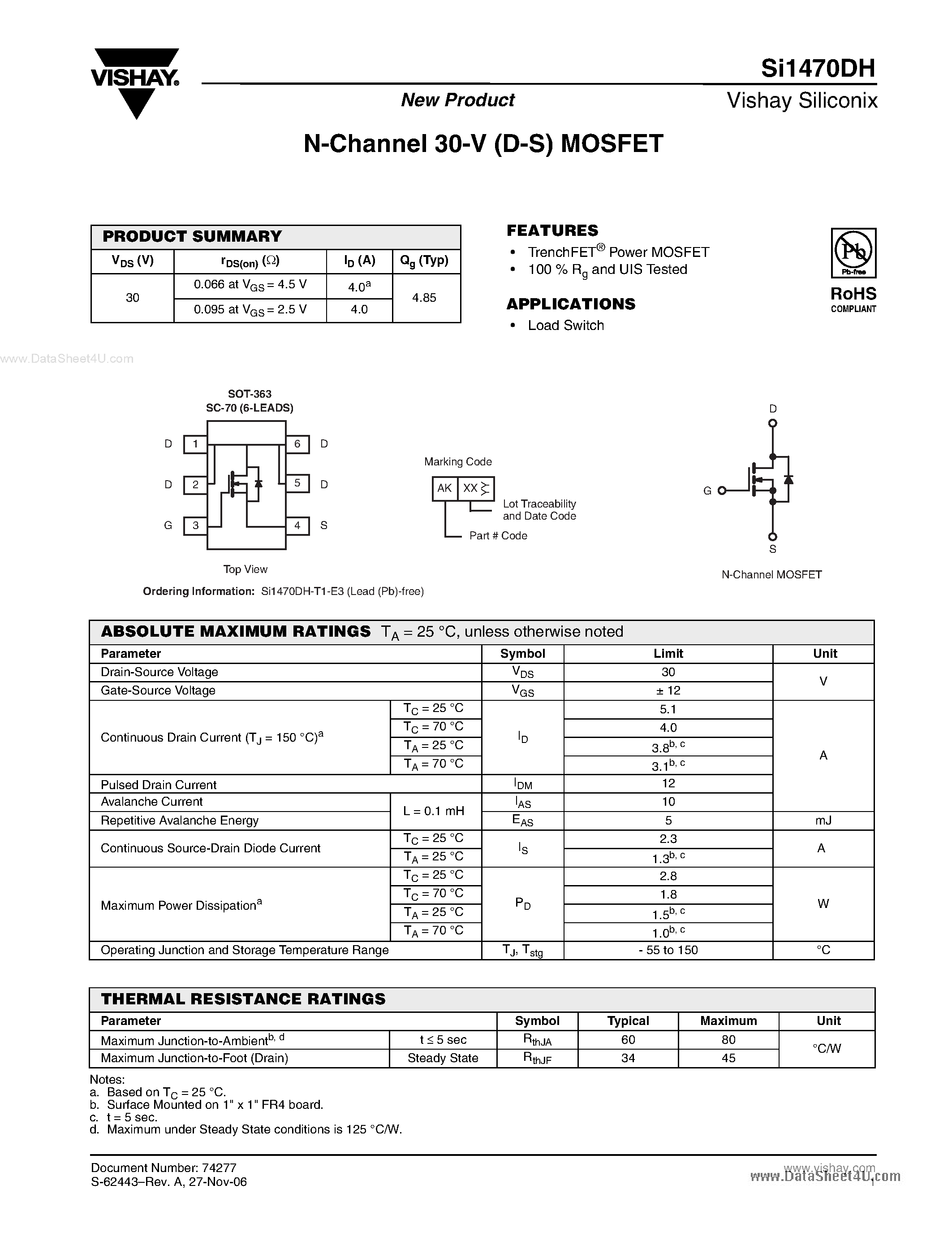 Datasheet SI1470DH - N-Channel MOSFET page 1