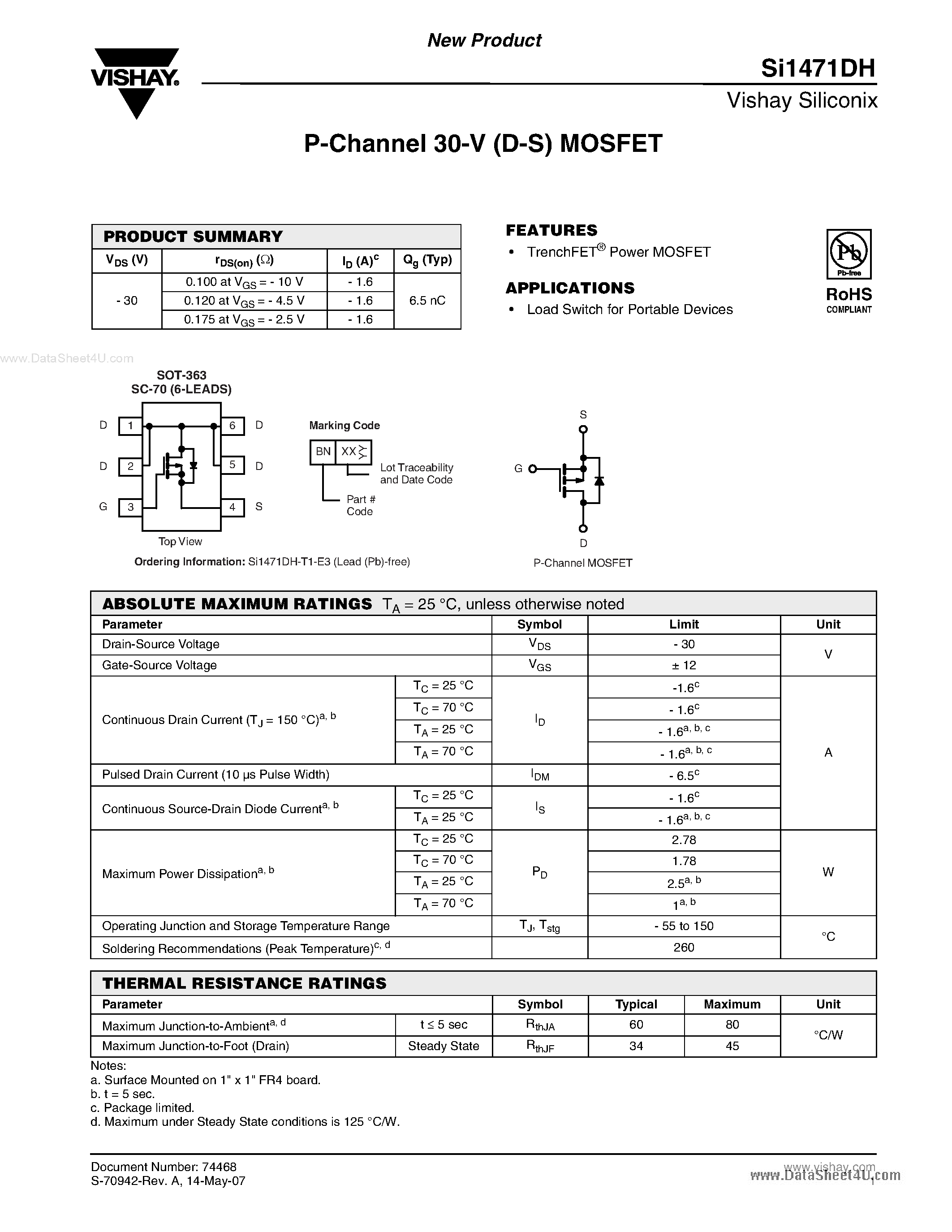 Datasheet SI1471DH - P-Channel MOSFET page 1
