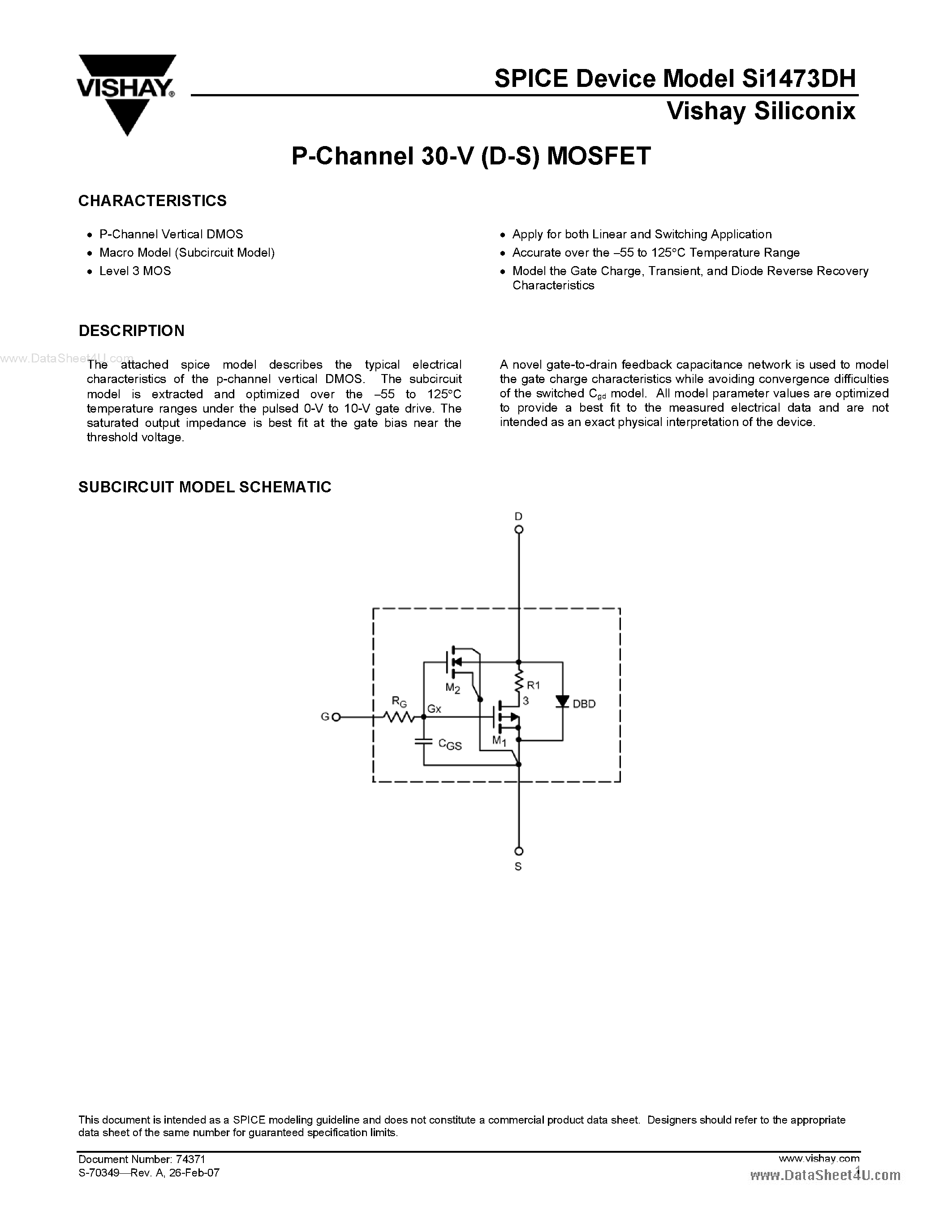 Datasheet SI1473DH - P-Channel MOSFET page 1