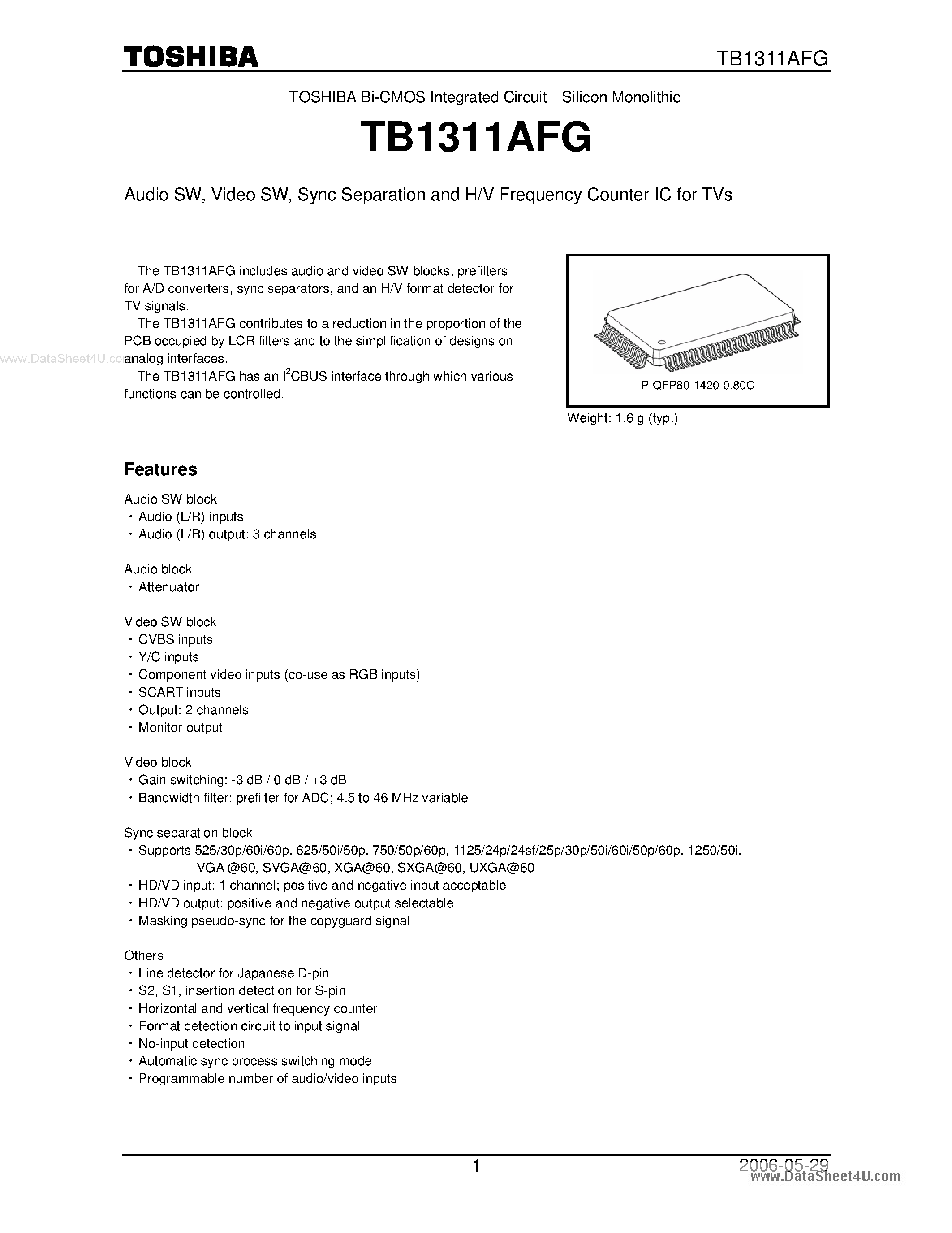 Datasheet TB1311AFG - Sync Separation and H/V Frequency Counter IC page 1