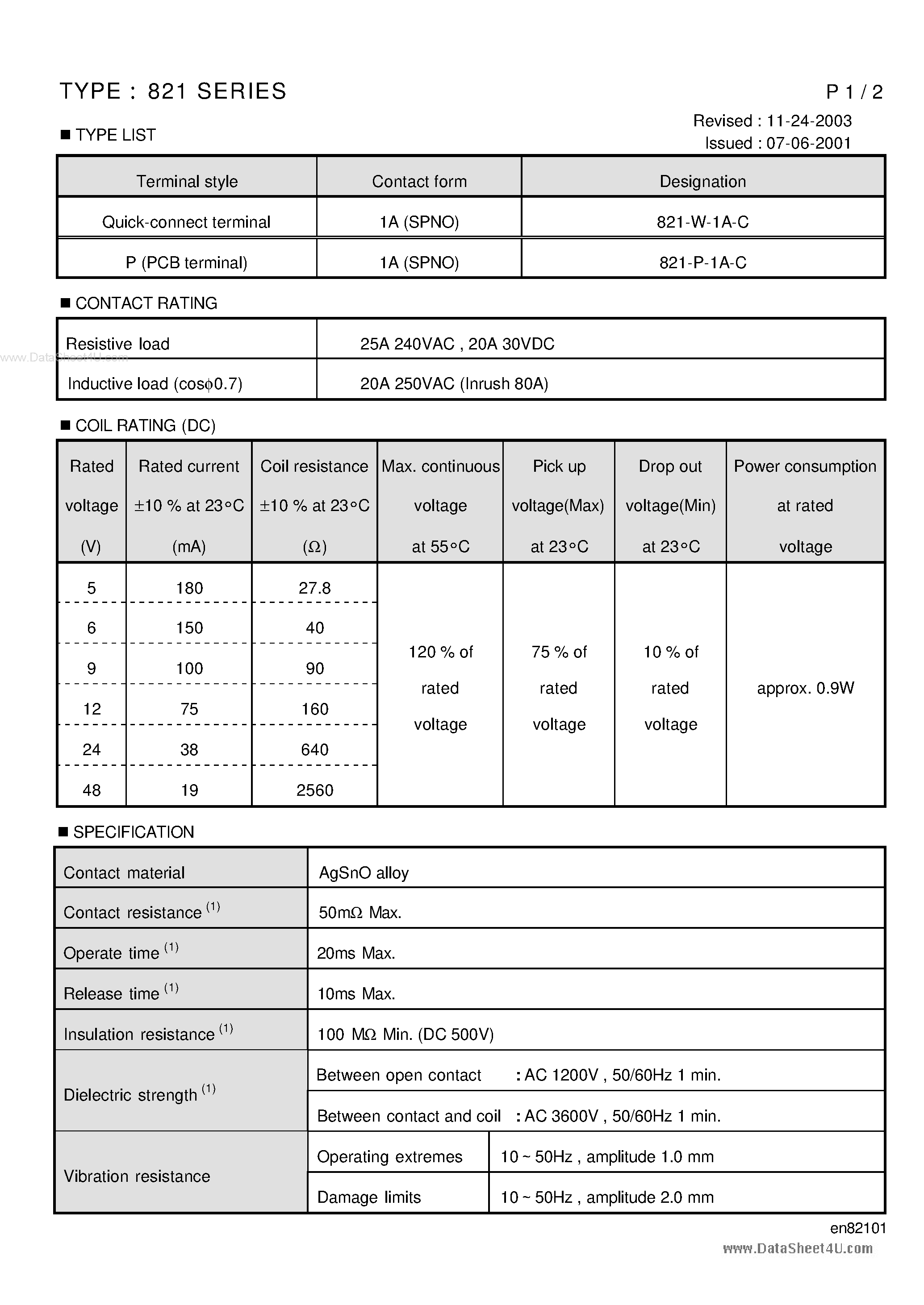 Datasheet 821-P-1A-C - 821 Series page 1