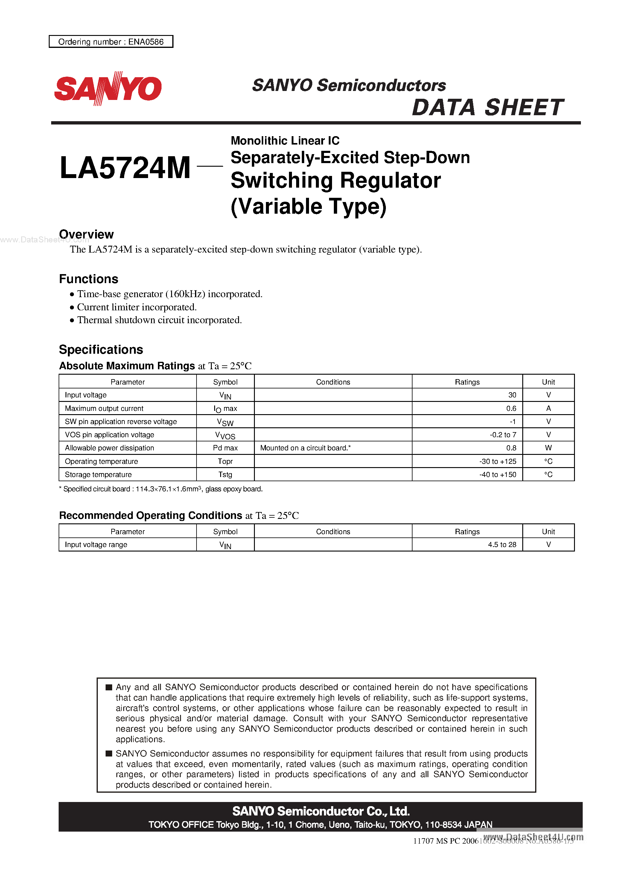 Datasheet LA5724M - Monolithic Linear IC Separately-Excited Step-Down Switching Regulator page 1