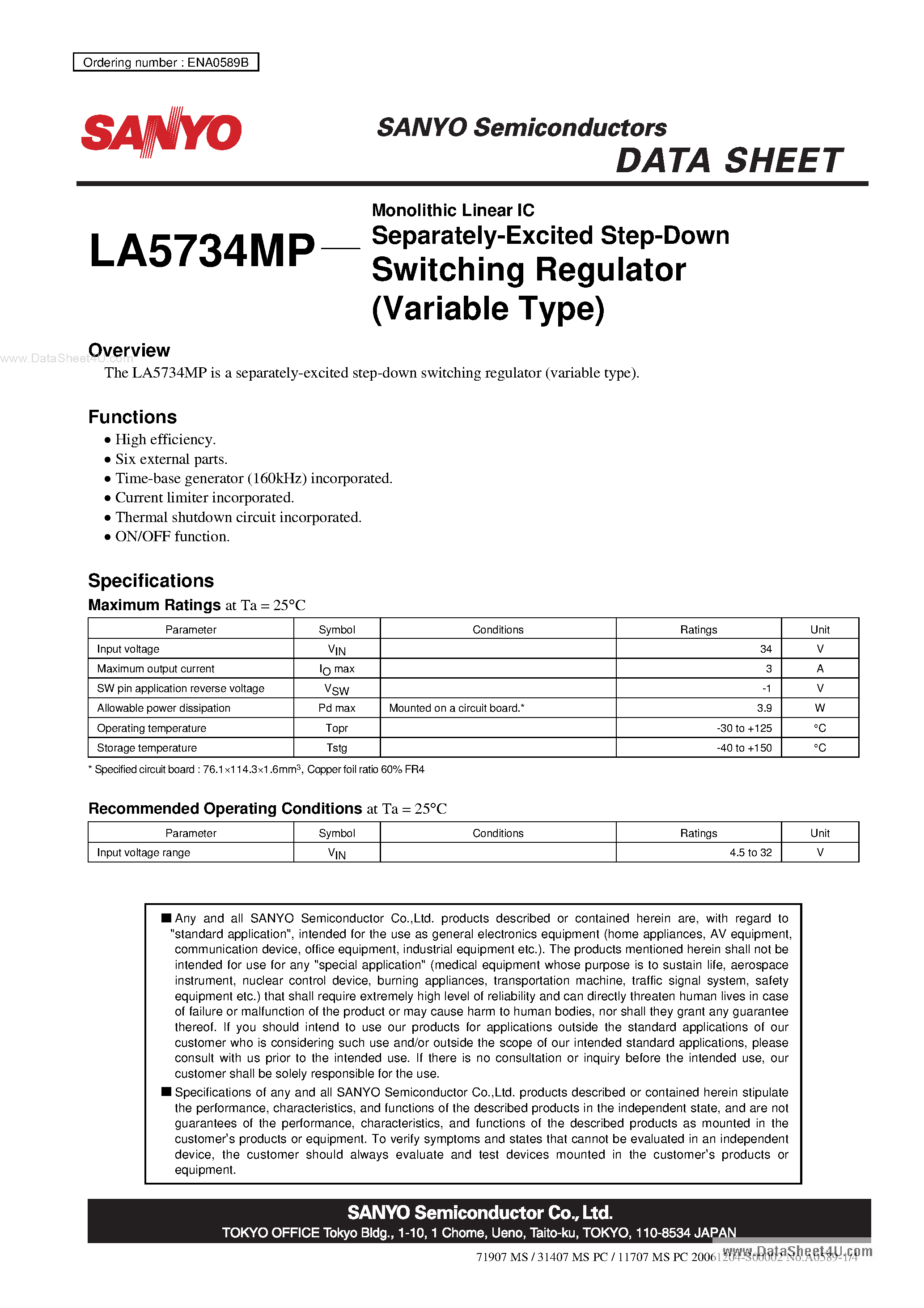 Datasheet LA5734MP - Monolithic Linear IC Separately-Excited Step-Down Switching Regulator page 1