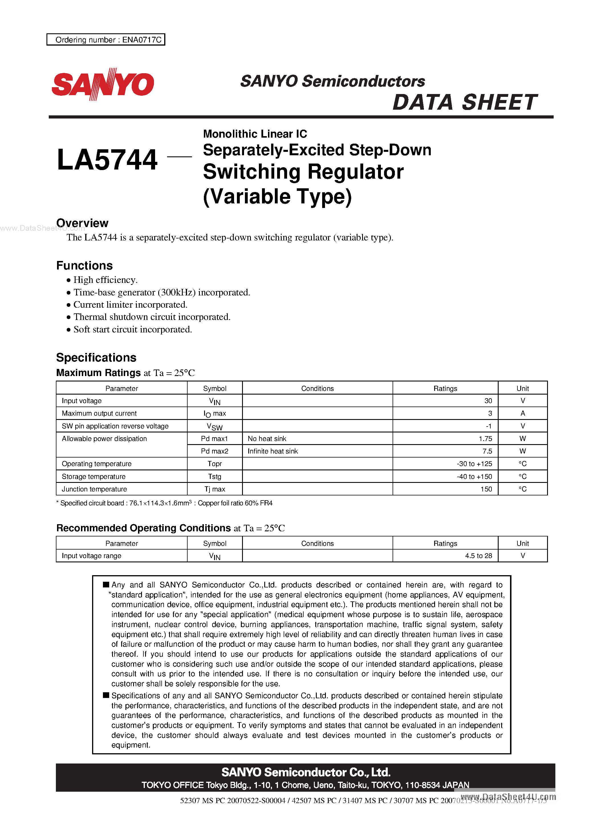 Datasheet LA5744 - Monolithic Linear IC Separately-Excited Step-Down Switching Regulator page 1