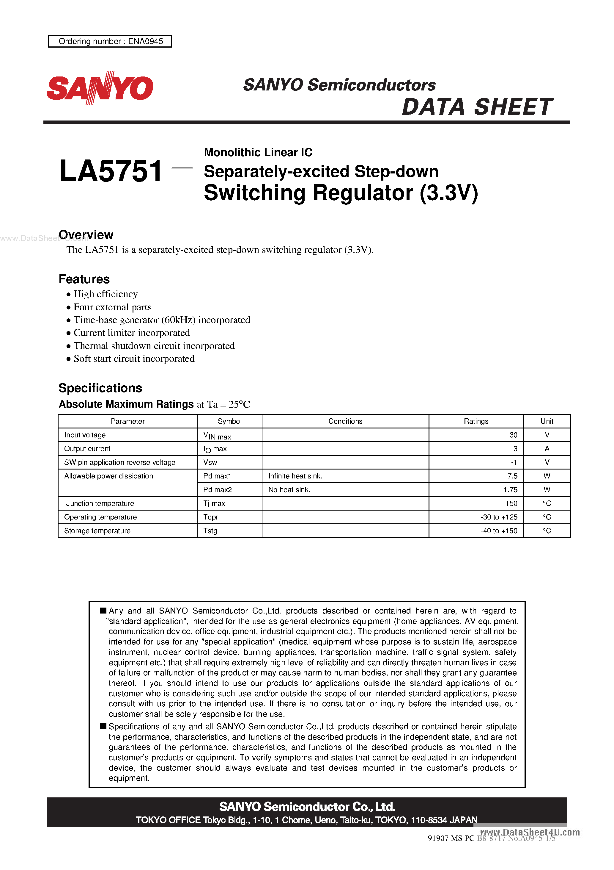Даташит LA5751 - Monolithic Linear IC Separately-Excited Step-Down Switching Regulator страница 1