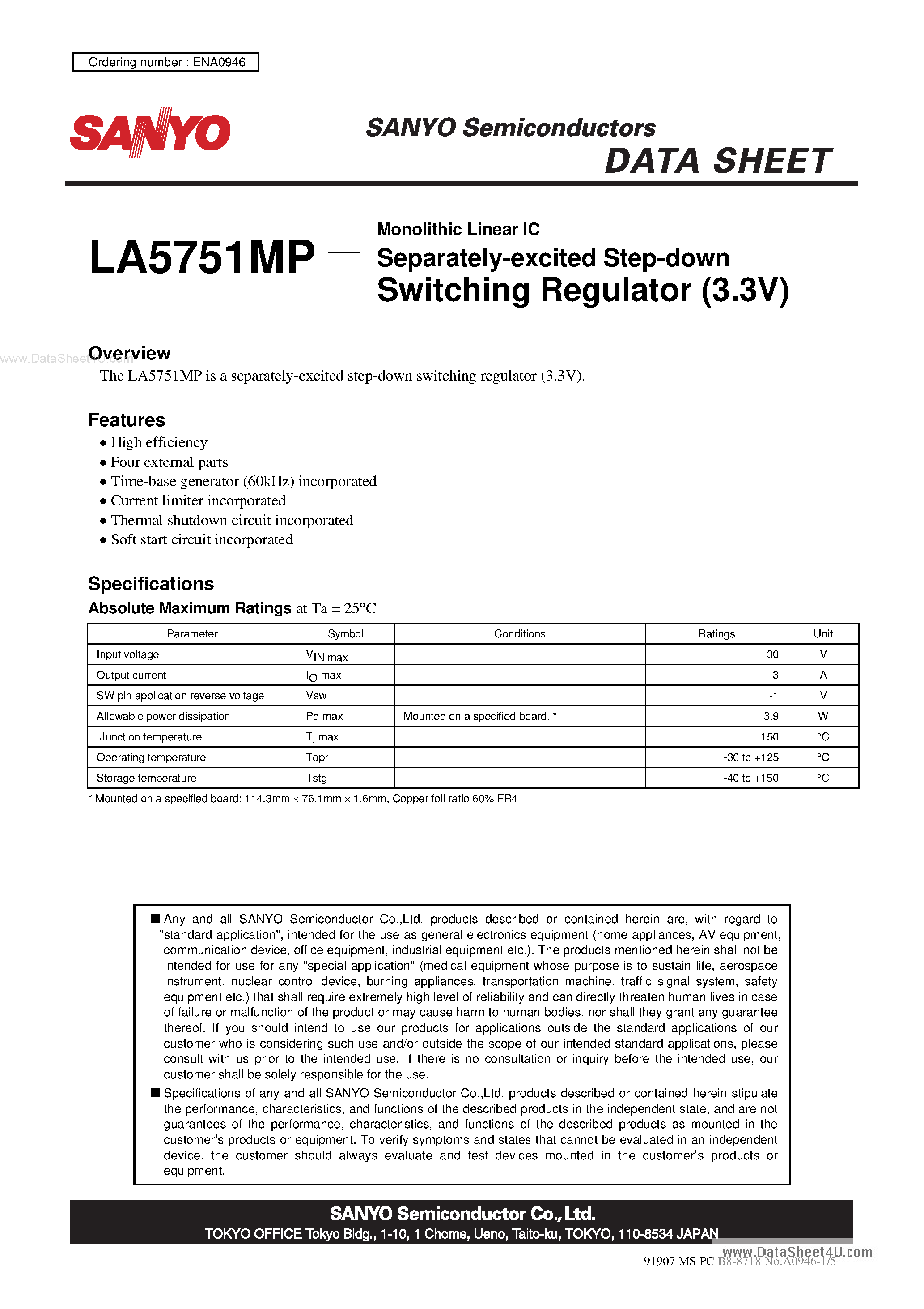 Даташит LA5751MP - Monolithic Linear IC Separately-Excited Step-Down Switching Regulator страница 1
