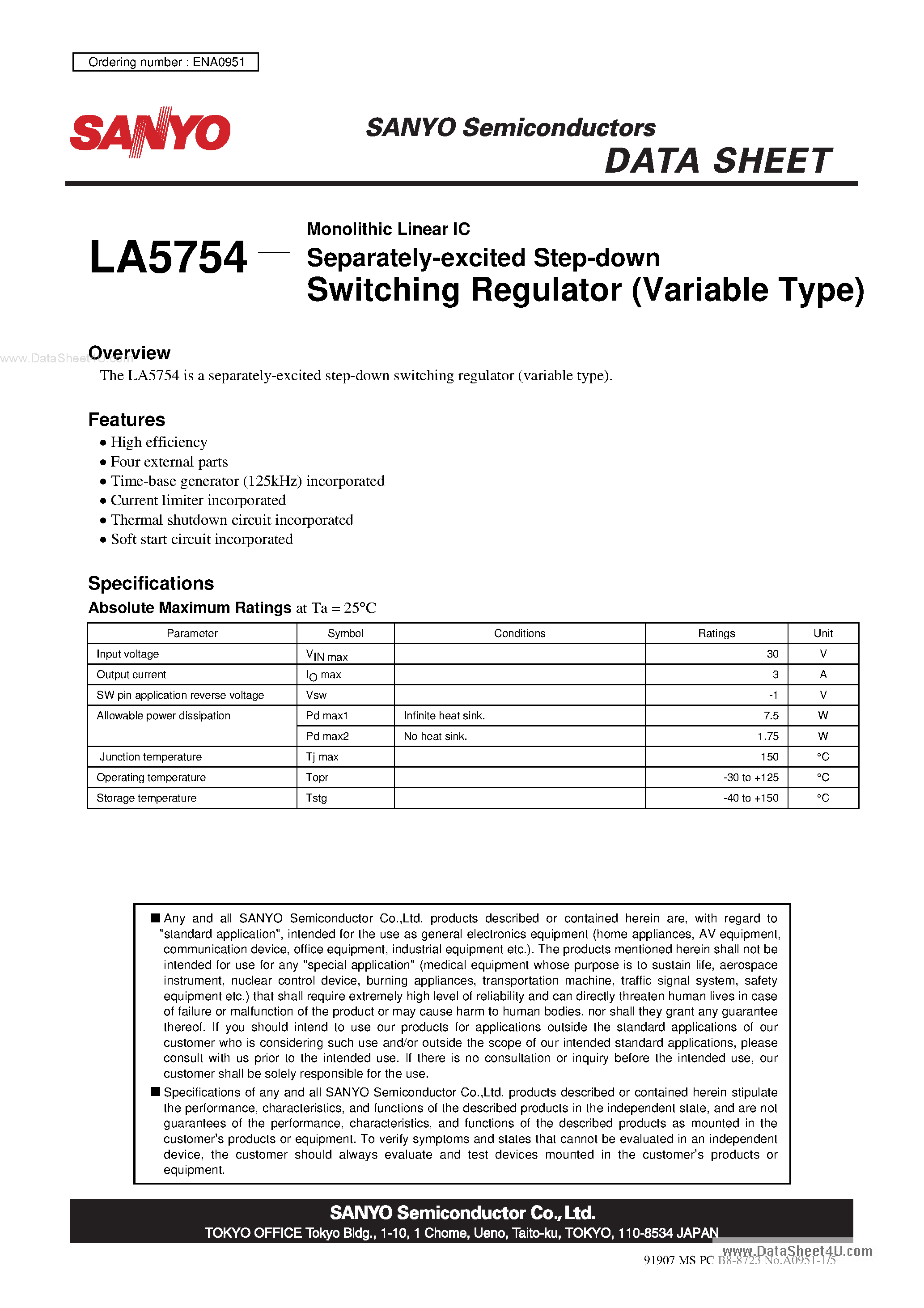 Даташит LA5754 - Monolithic Linear IC Separately-Excited Step-Down Switching Regulator страница 1