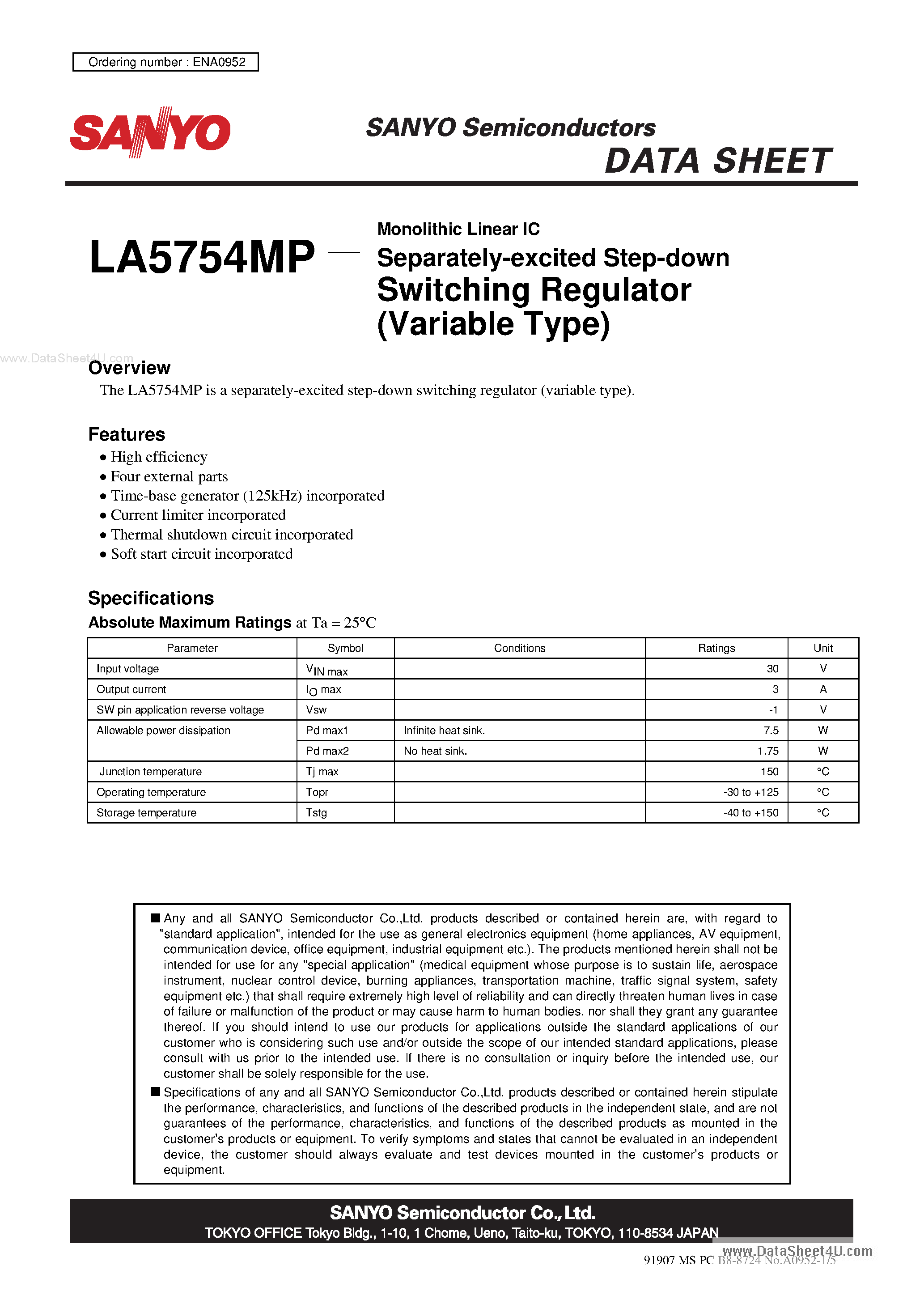 Даташит LA5754MP - Monolithic Linear IC Separately-Excited Step-Down Switching Regulator страница 1