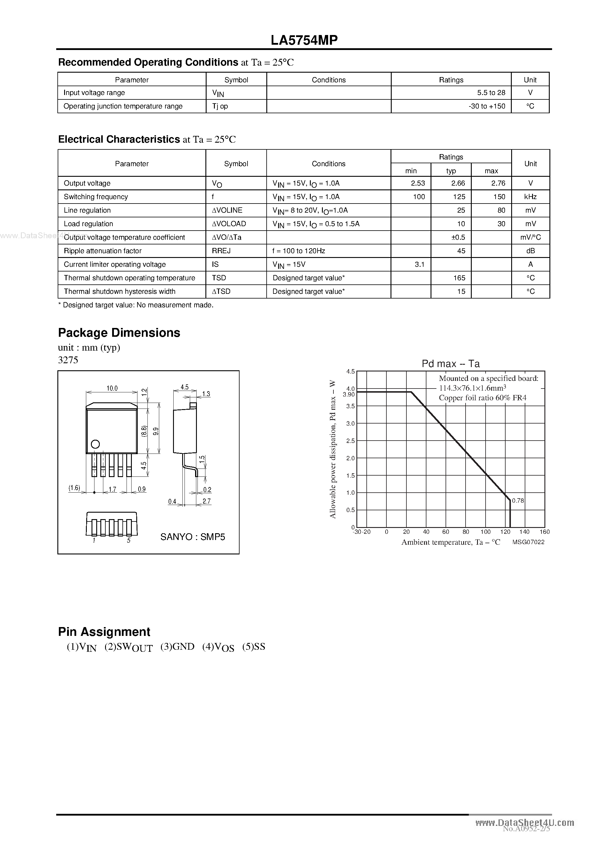 Datasheet LA5754MP - Monolithic Linear IC Separately-Excited Step-Down Switching Regulator page 2