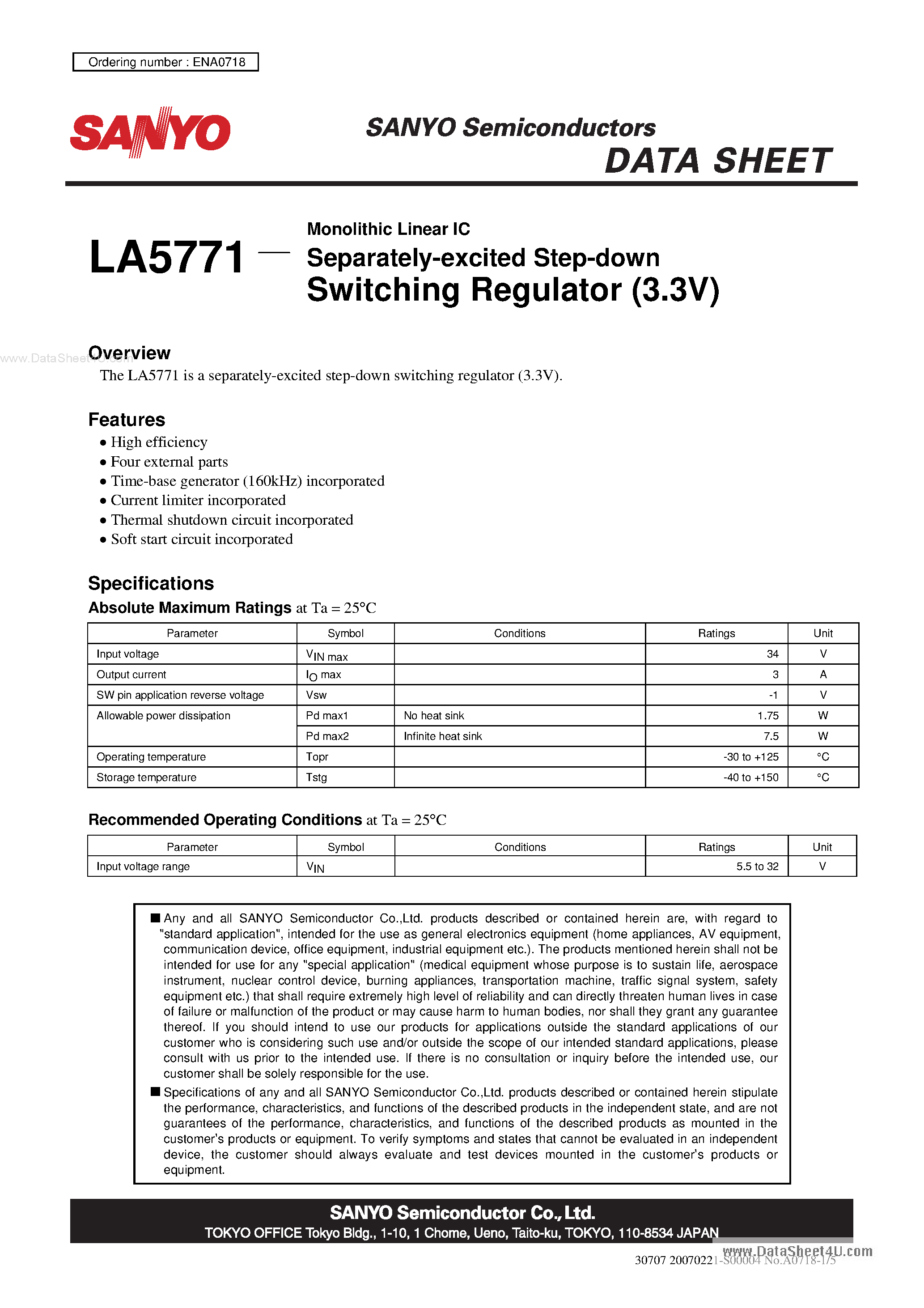 Даташит LA5771 - Monolithic Linear IC Separately-Excited Step-Down Switching Regulator страница 1