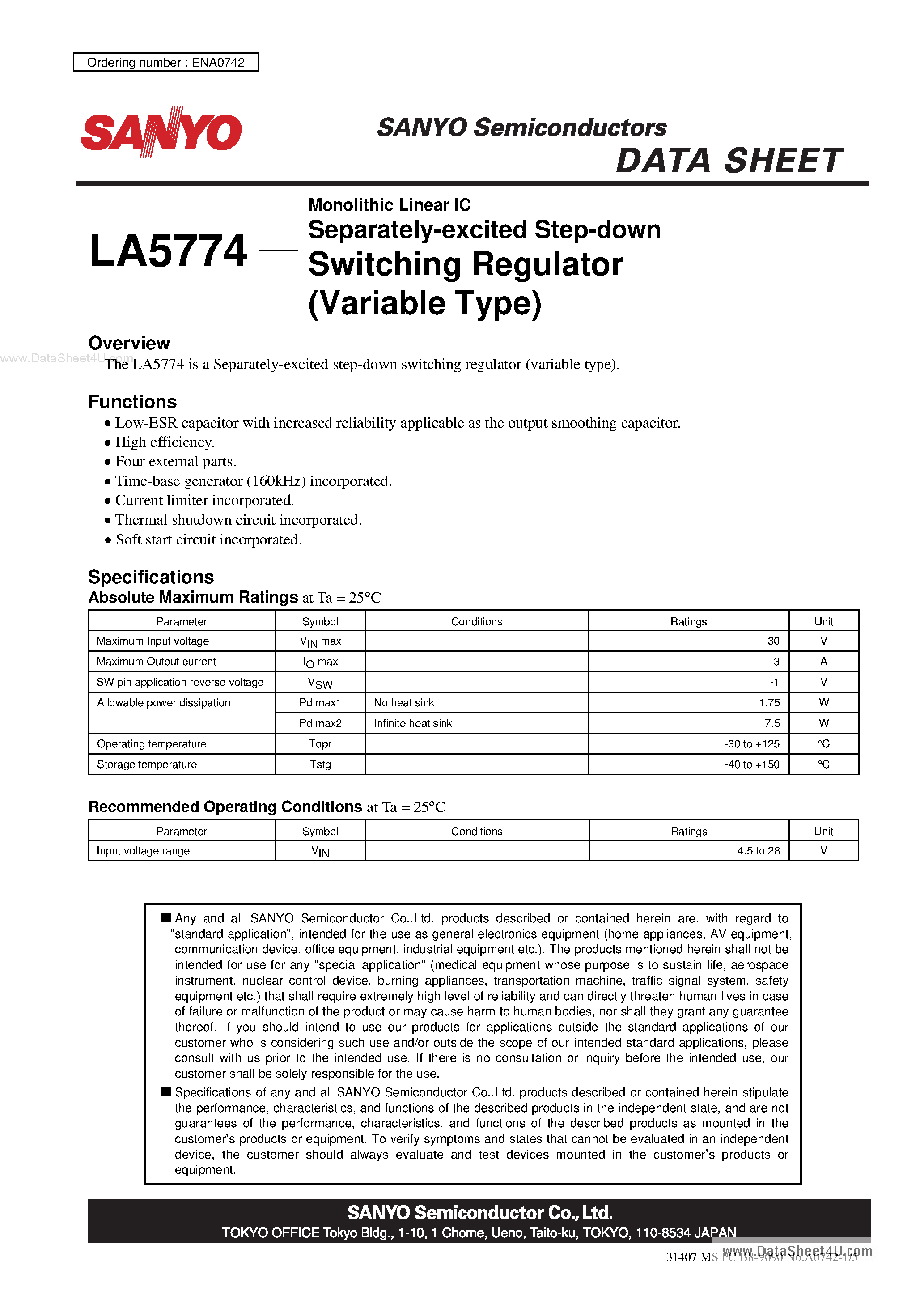 Даташит LA5774 - Monolithic Linear IC Separately-Excited Step-Down Switching Regulator страница 1