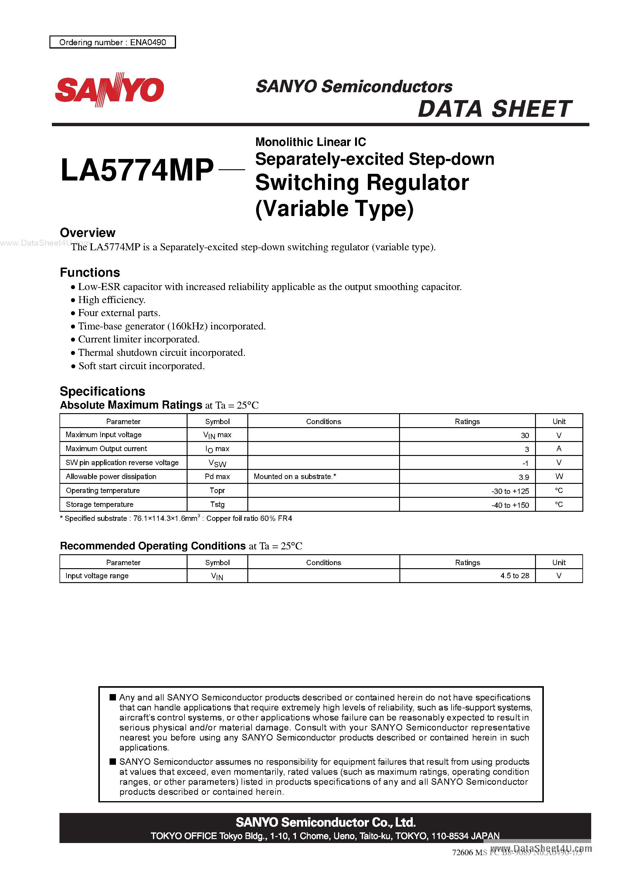 Datasheet LA5774MP - Monolithic Linear IC Separately-Excited Step-Down Switching Regulator page 1