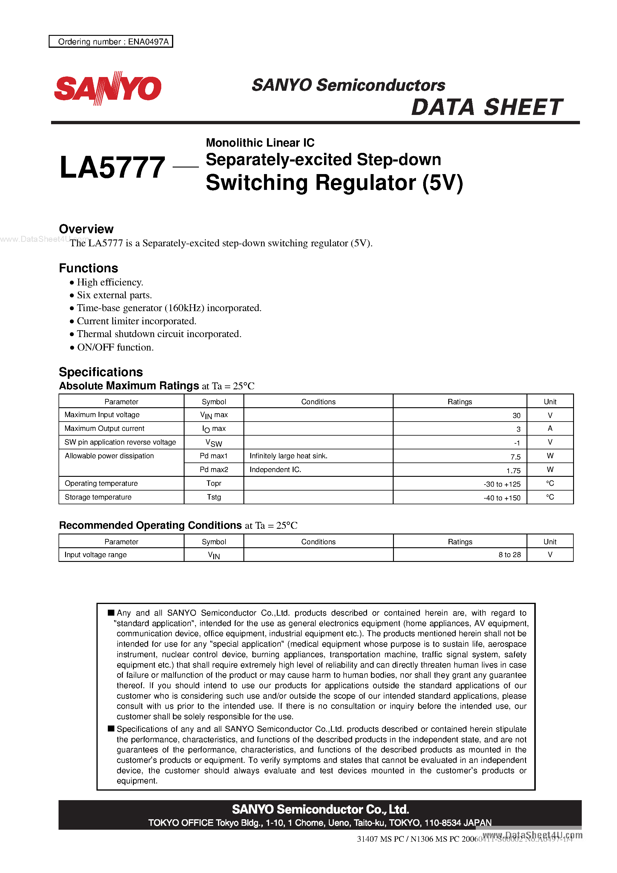 Даташит LA5777 - Monolithic Linear IC Separately-excited Step-down Switching Regulator страница 1