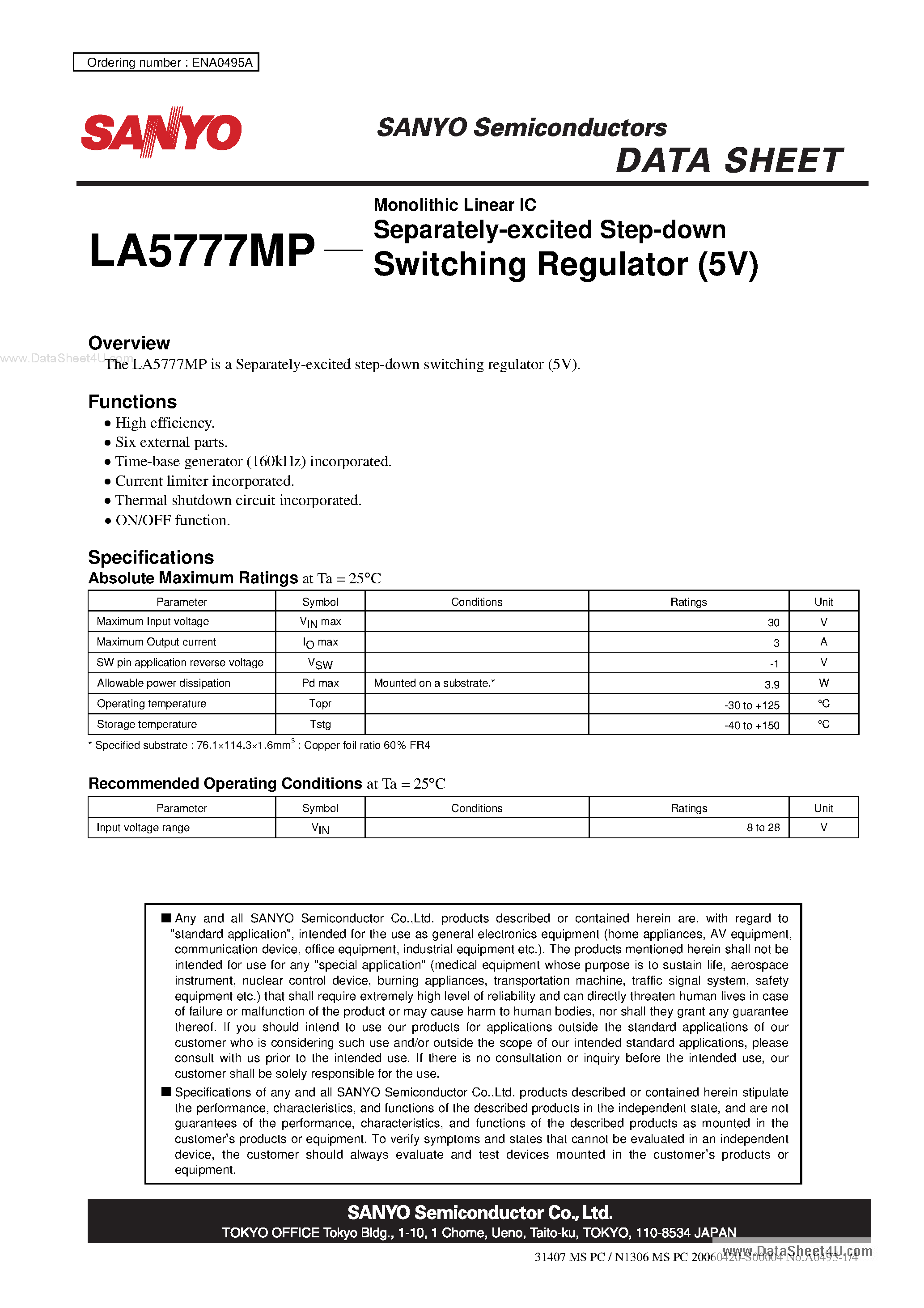 Datasheet LA5777MP - Monolithic Linear IC Separately-excited Step-down Switching Regulator page 1