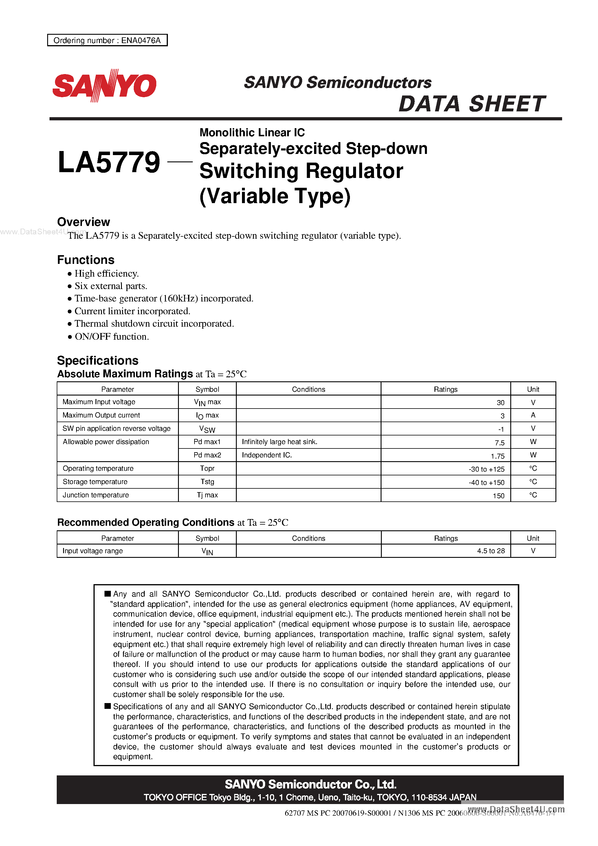 Datasheet LA5779 - Monolithic Linear IC Separately-excited Step-down Switching Regulator page 1