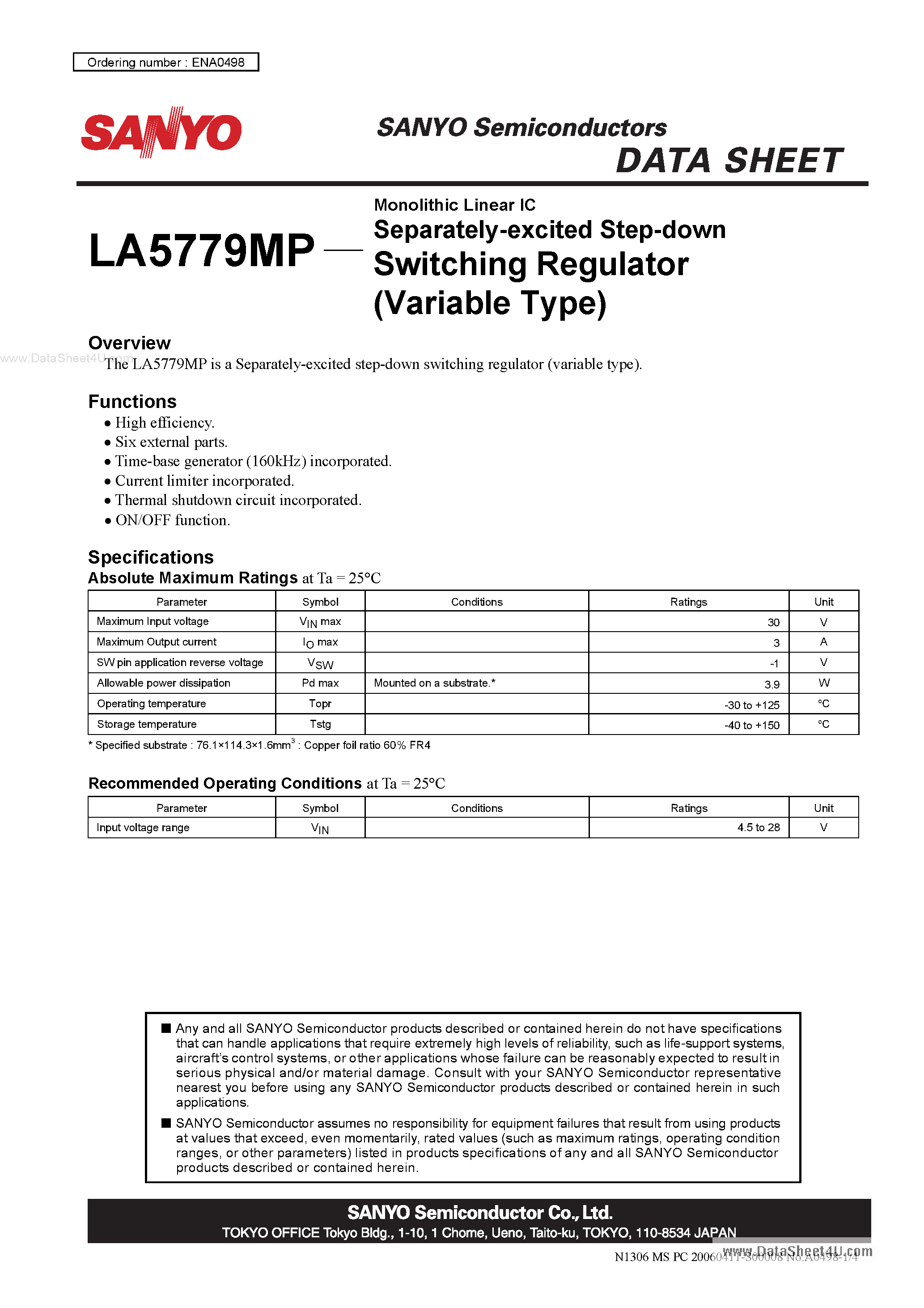 Datasheet LA5779MP - Monolithic Linear IC Separately-excited Step-down Switching Regulator page 1