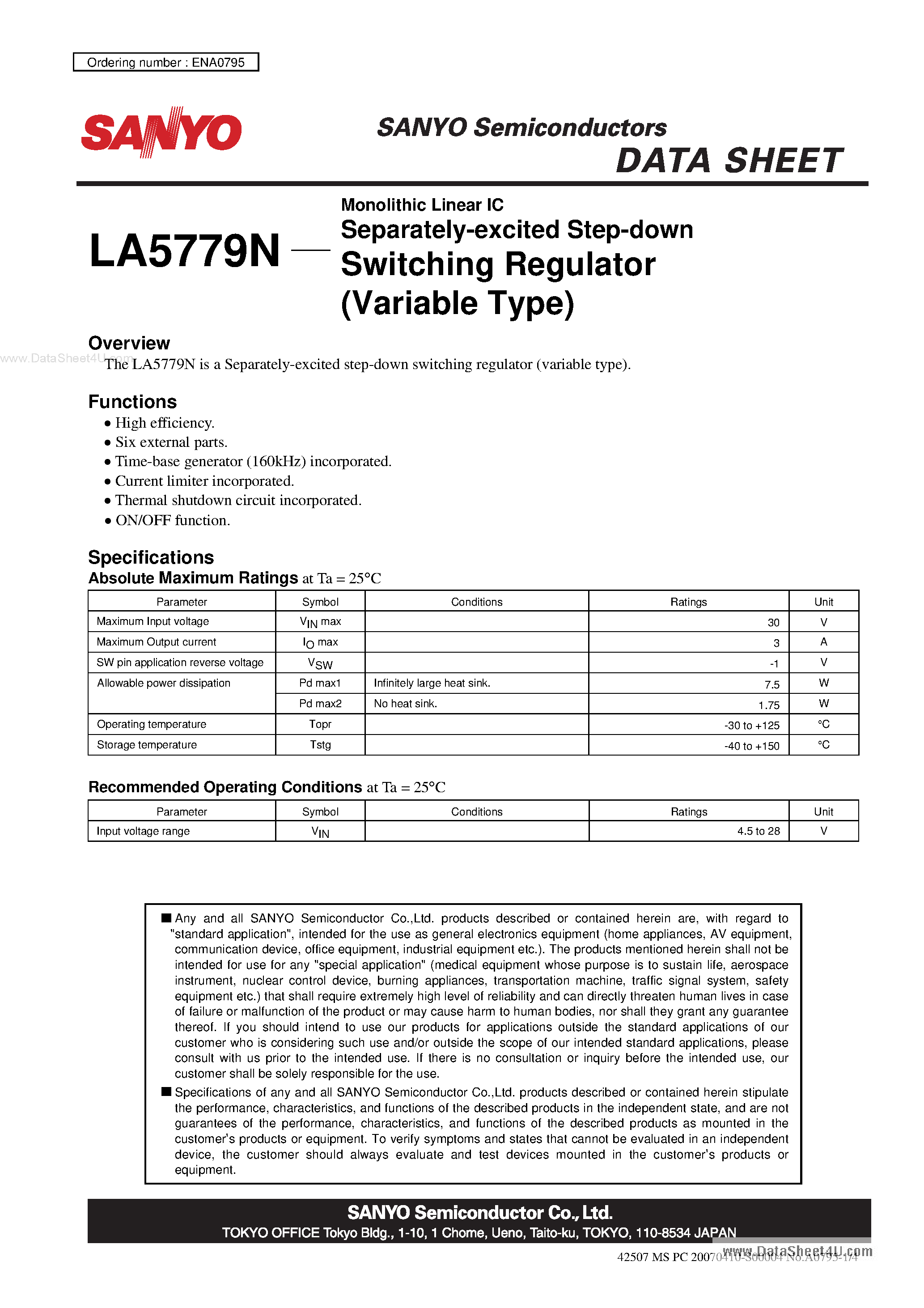 Datasheet LA5779N - Monolithic Linear IC Separately-excited Step-down Switching Regulator page 1