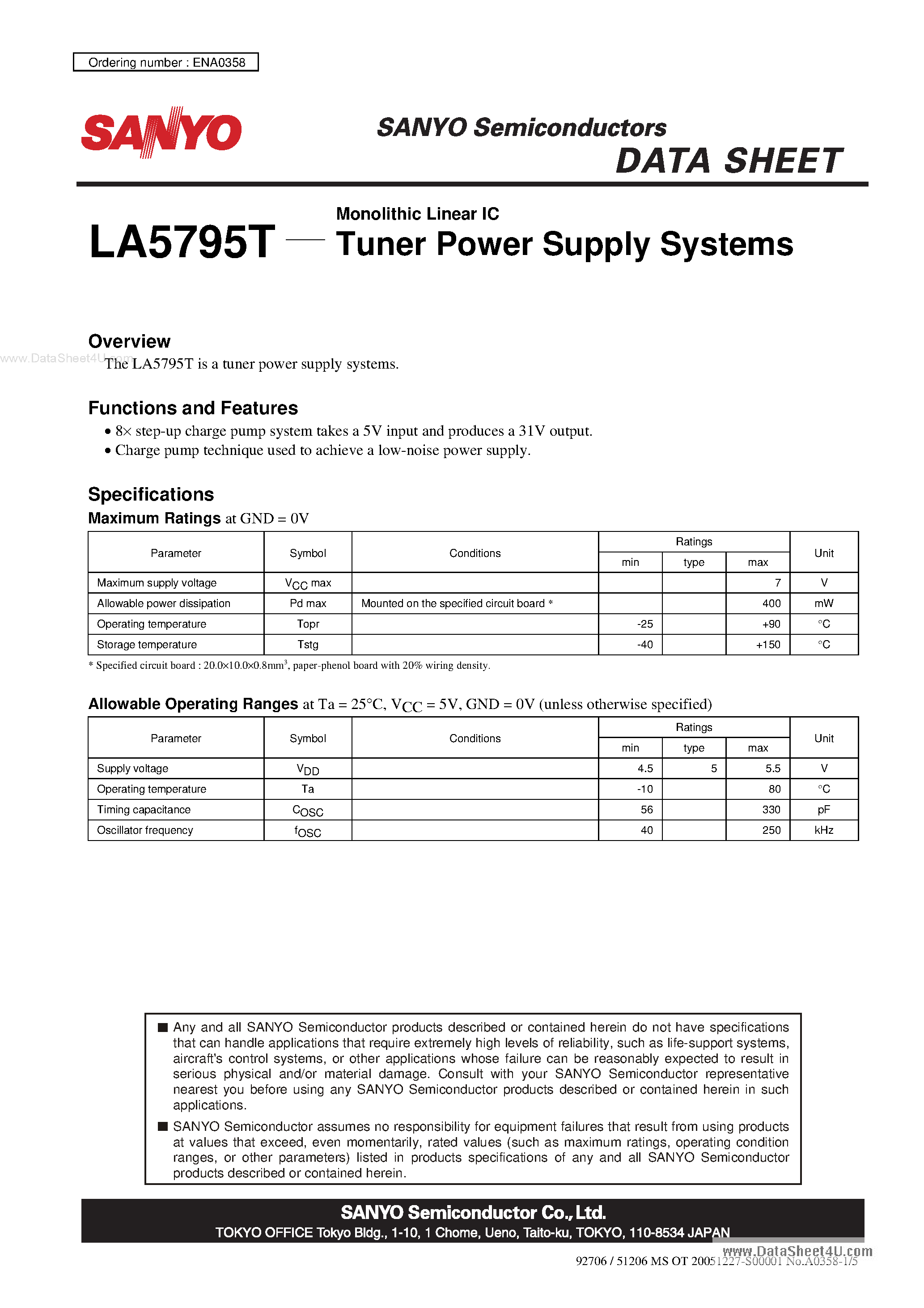 Datasheet LA5795T - Monolithic Linear IC Separately-excited Step-down Switching Regulator page 1