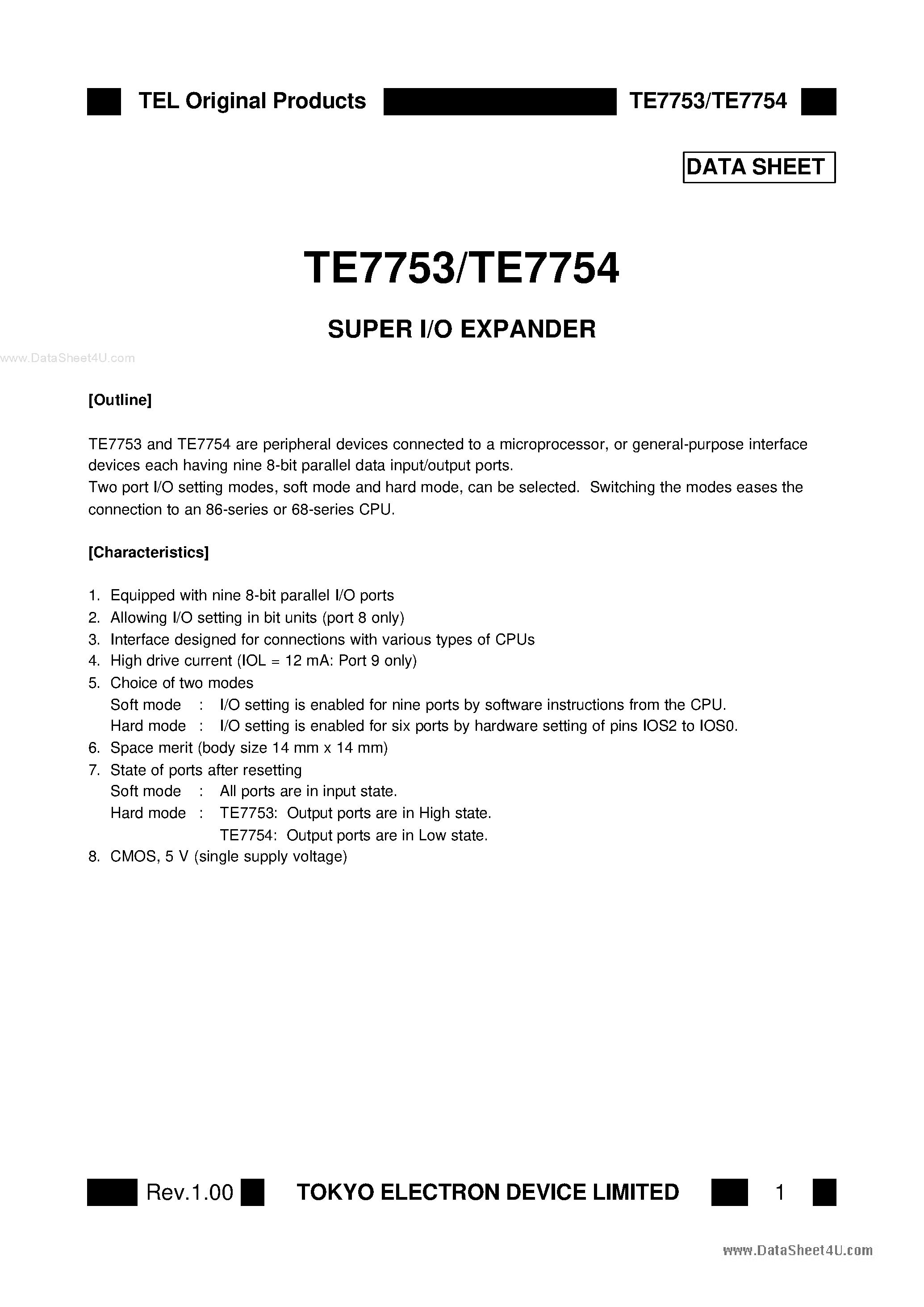 Datasheet TE7753 - (TE7753 / TE7754) Super I/O Expander page 1