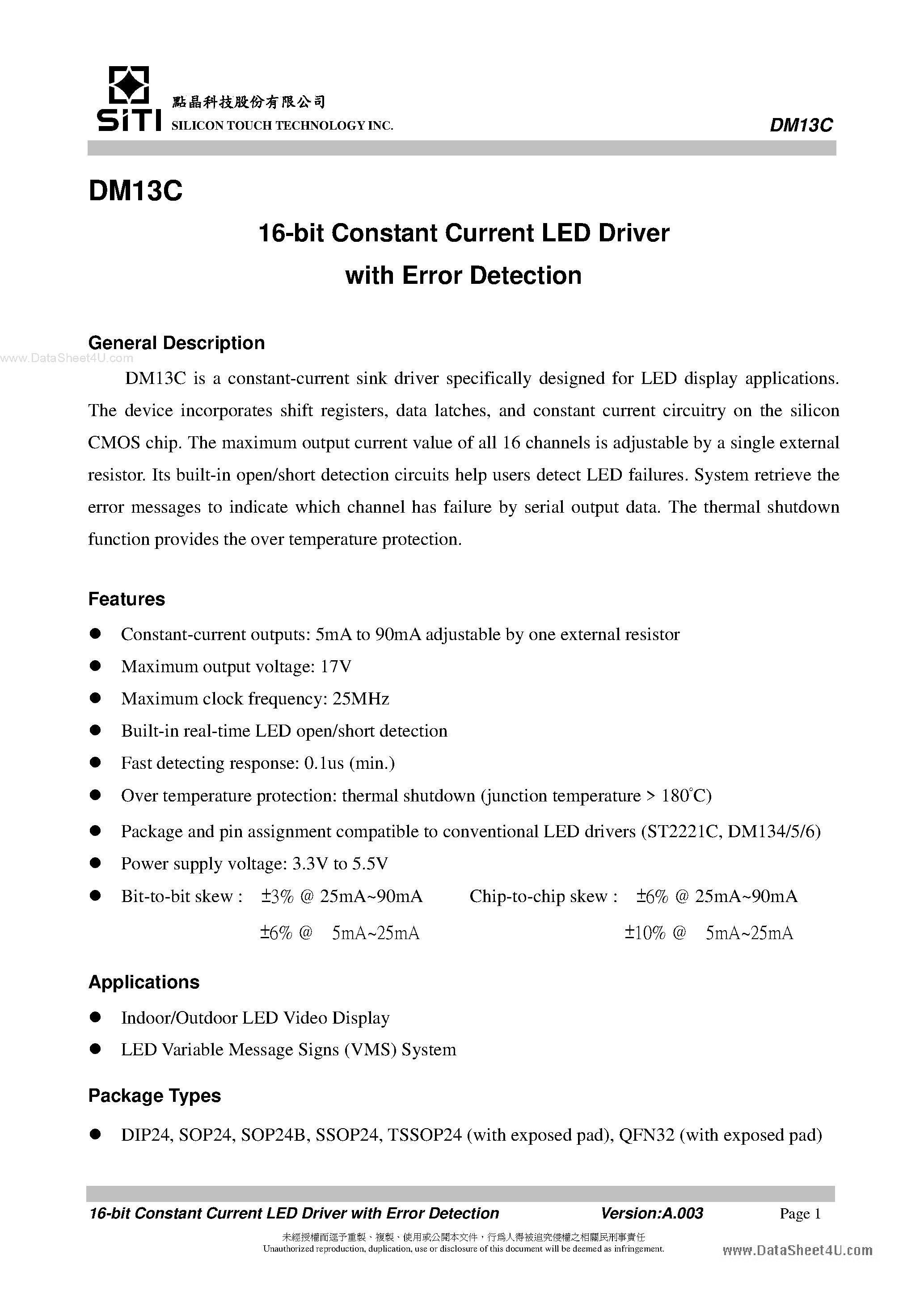 Datasheet DM13C - 16-Bit Constant Current LED Driver page 2