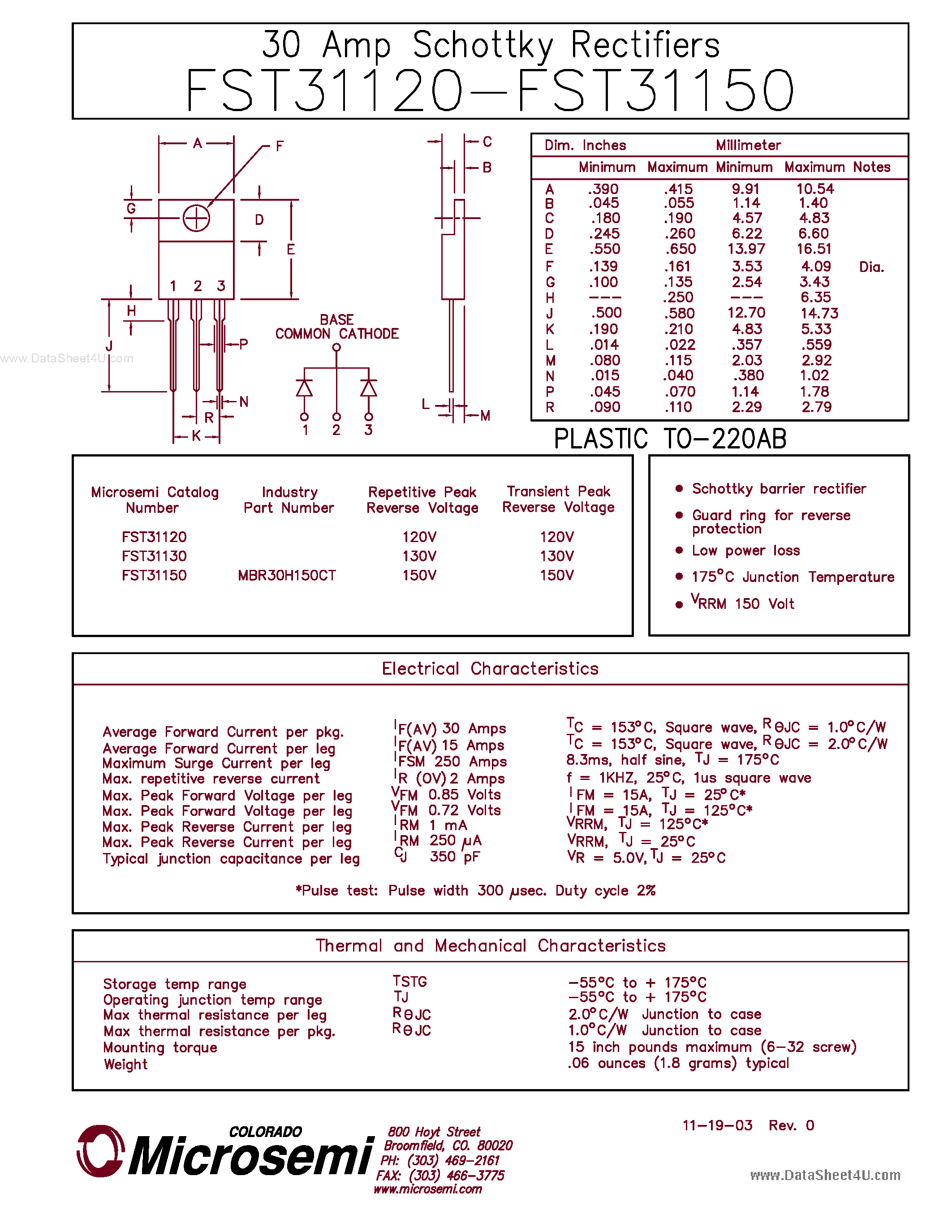 Datasheet FST31120 - (FST31120 - FST31150) 30 AMP SCHOTTKY RECTIFIERS page 1