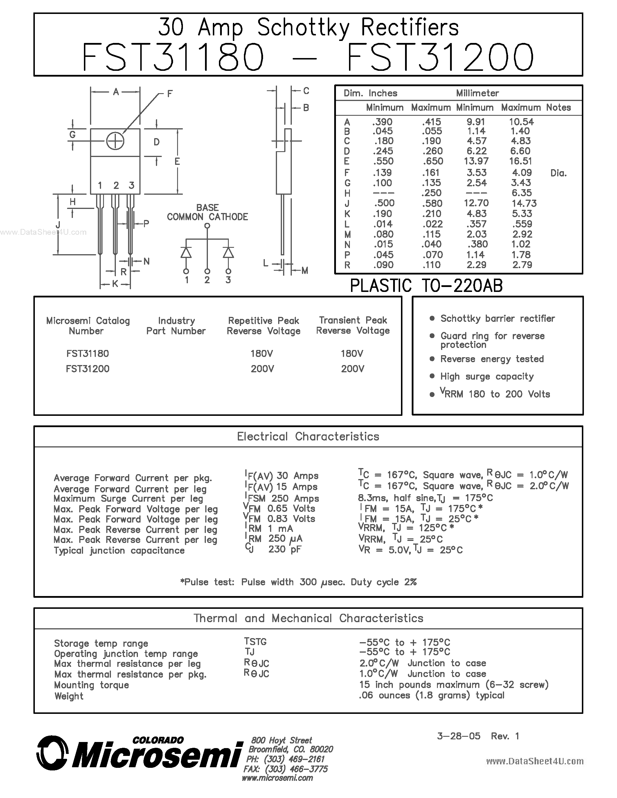 Даташит FST31180 - (FST31180 / FST31200) 30 Amp Schottky Rectifiers страница 1