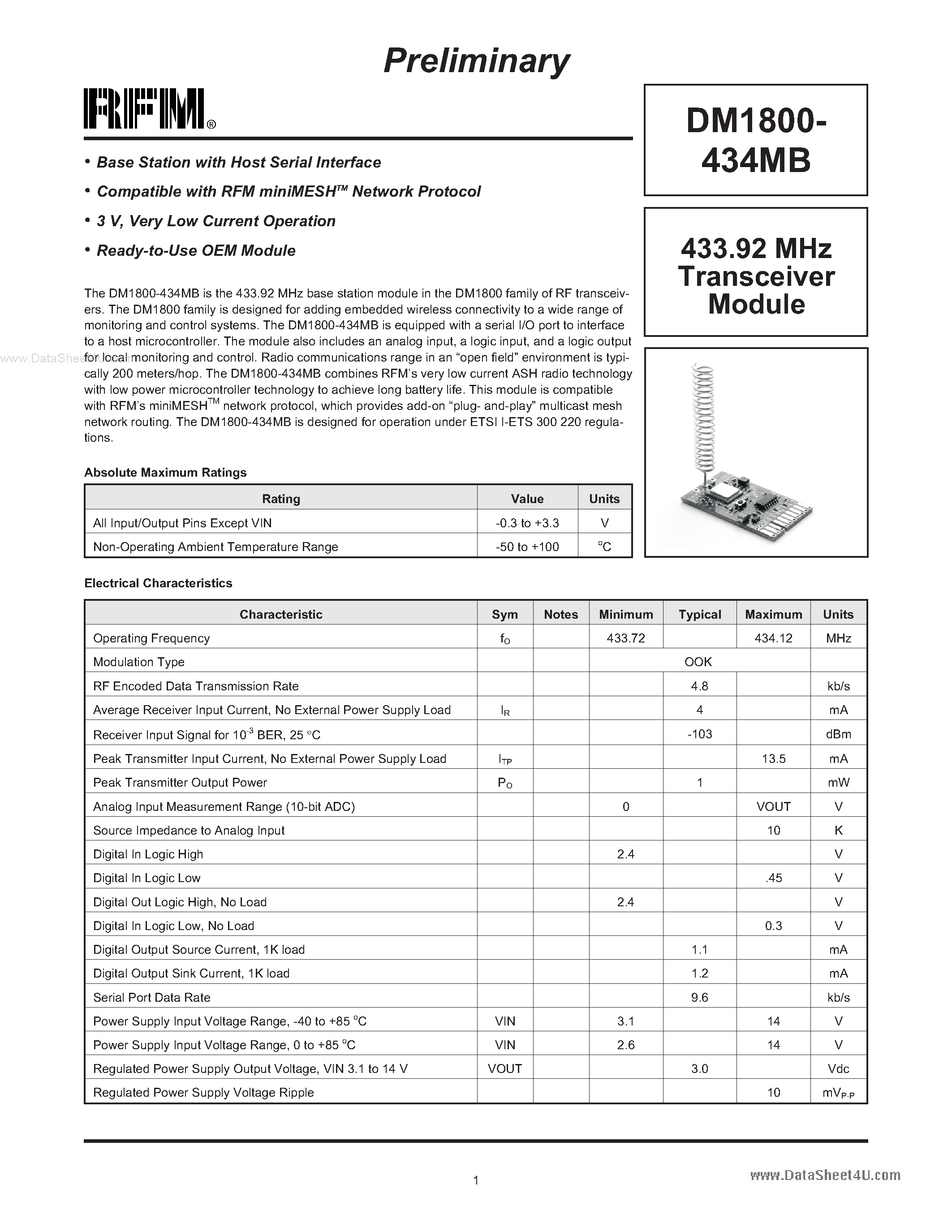 Даташит DM1800-434MB - Transceiver Module страница 1
