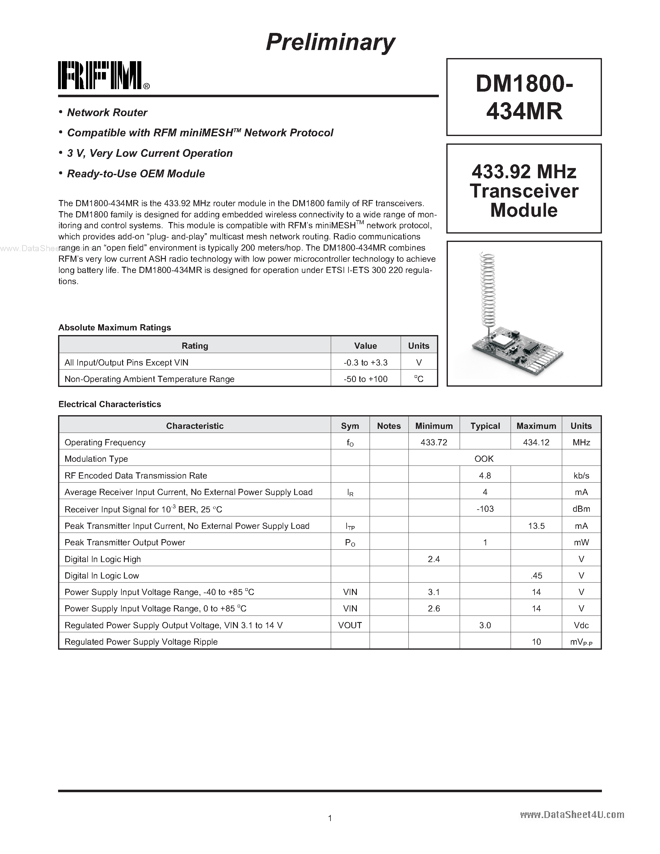 Datasheet DM1800-434MR - Transceiver Module page 1