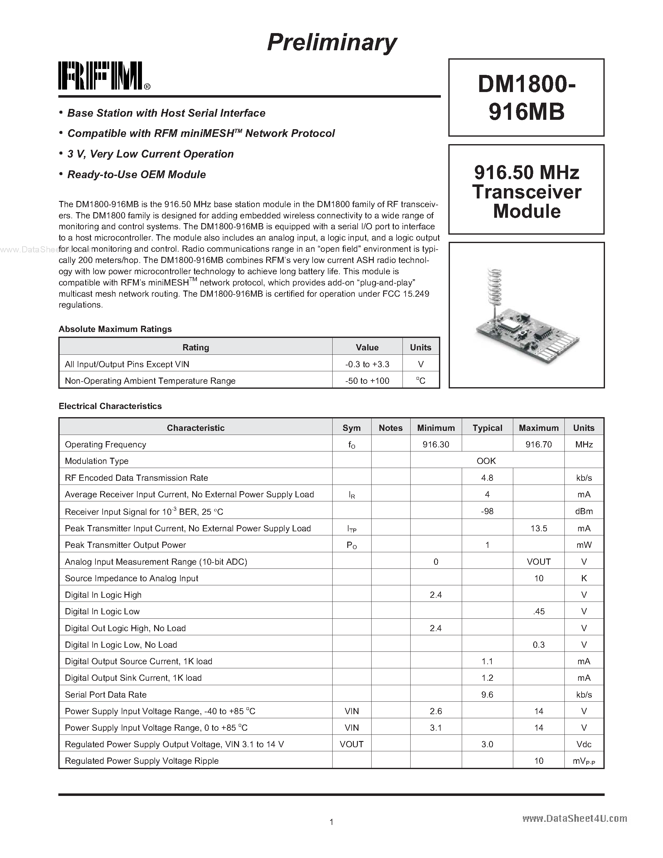 Datasheet DM1800-916MB - Transceiver Module page 1