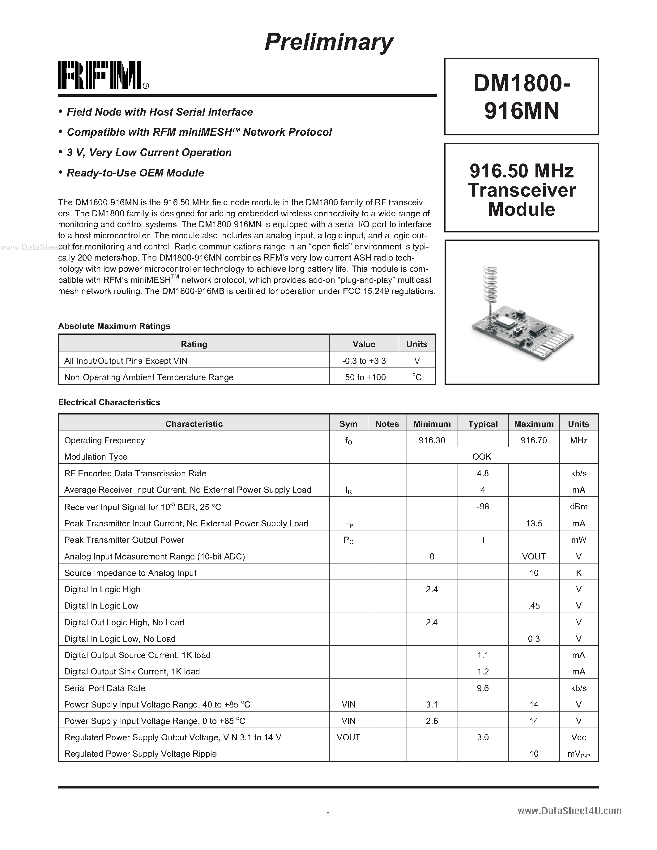 Datasheet DM1800-916MN - Transceiver Module page 1