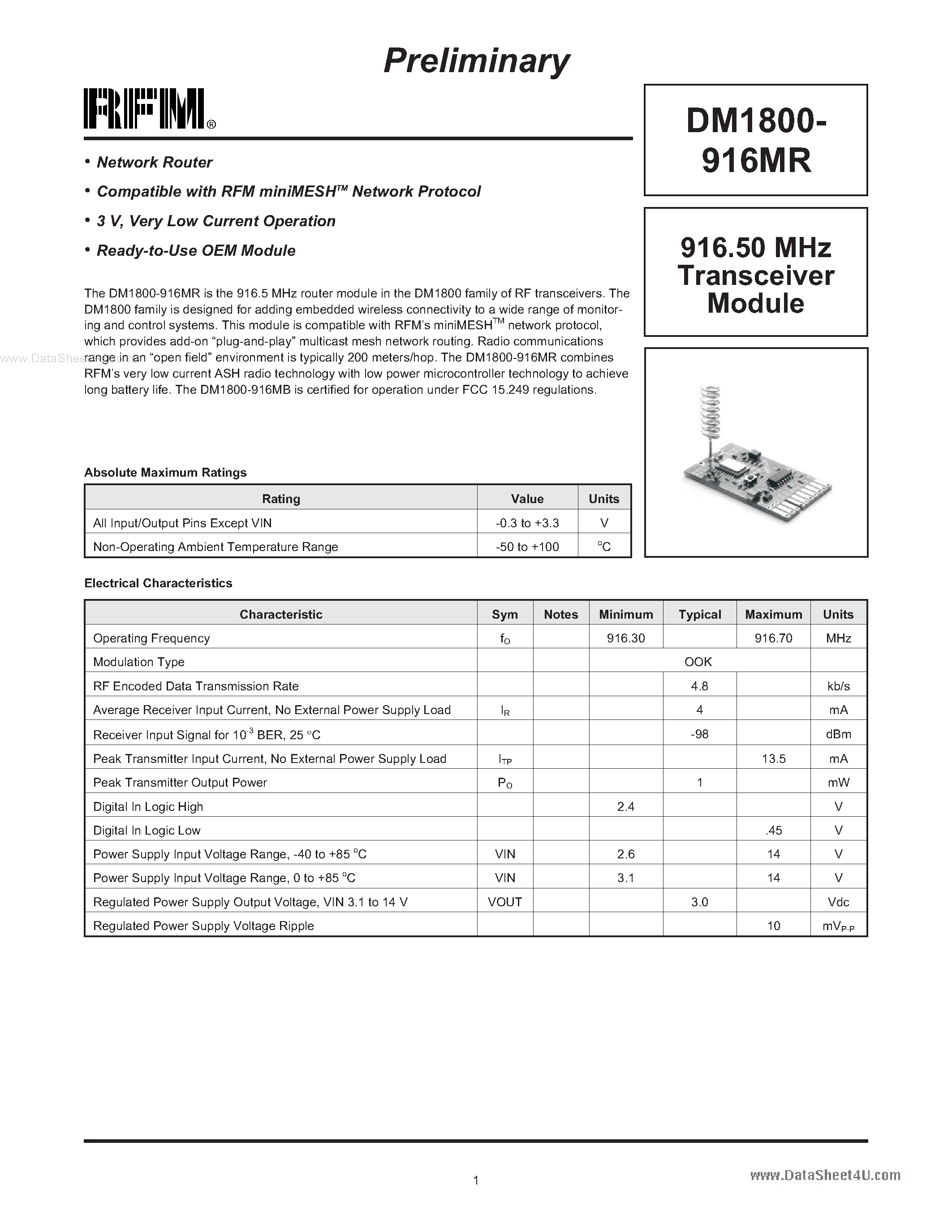 Datasheet DM1800-916MR - Transceiver Module page 1