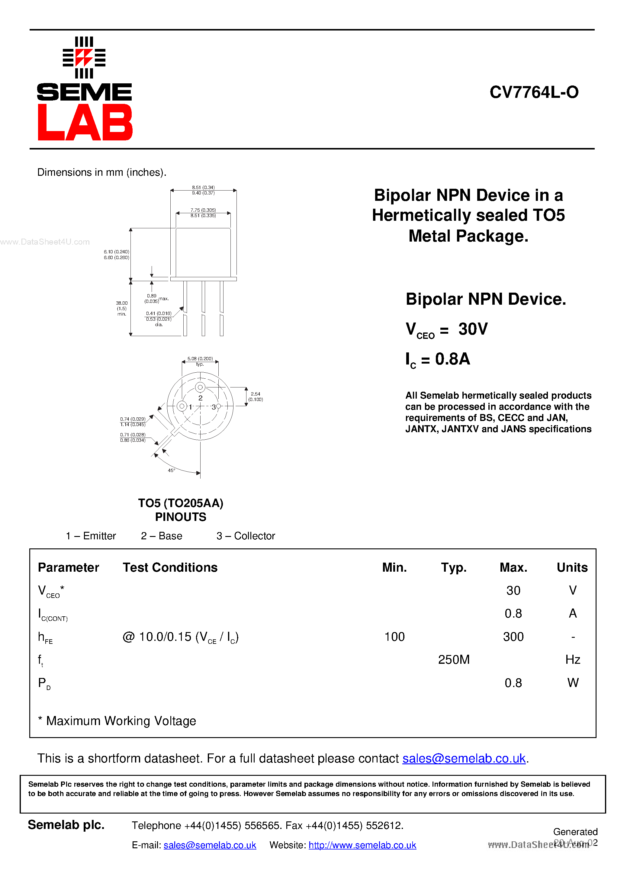 Datasheet CV7764L-O - Bipolar NPN Device page 1