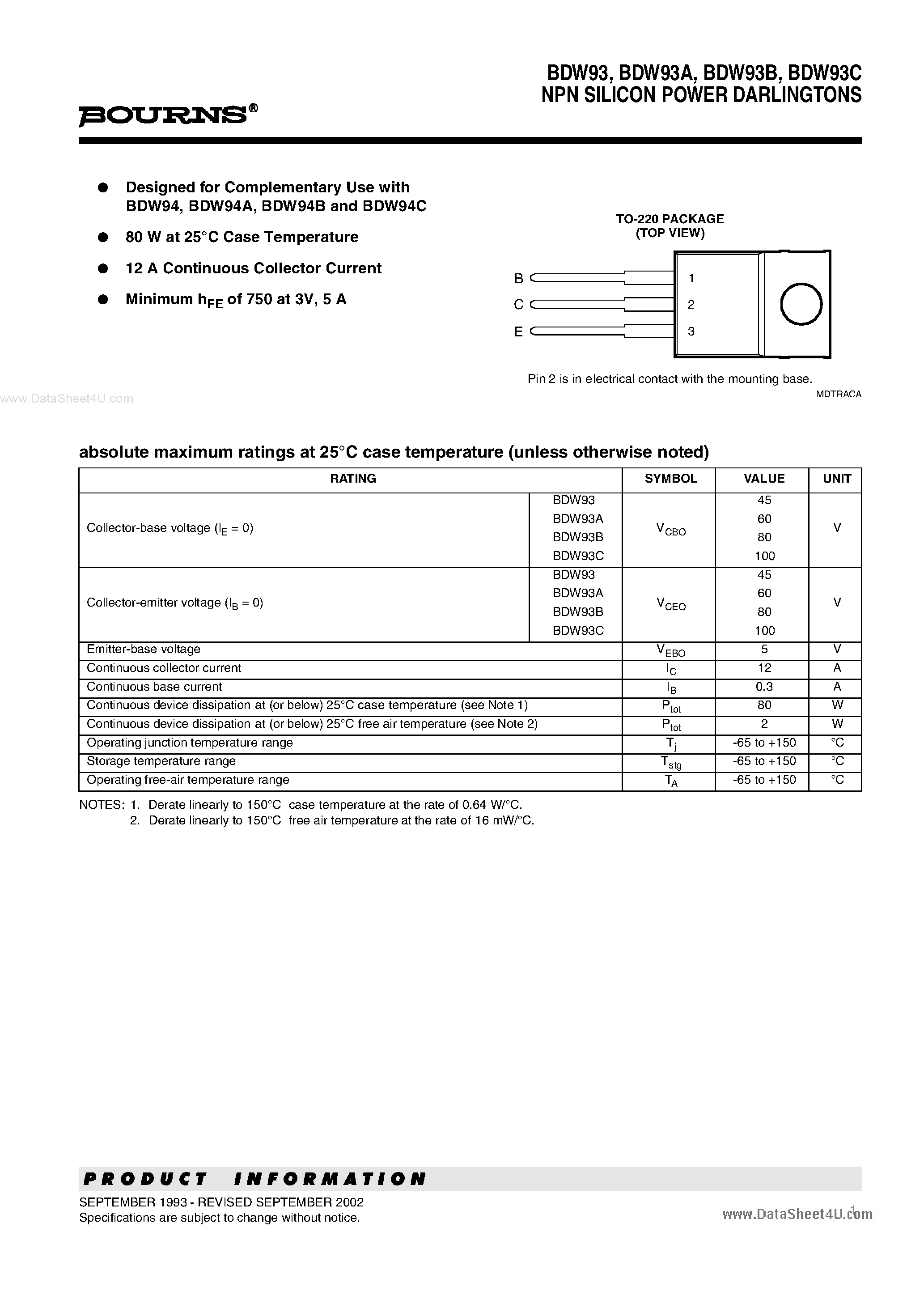 Datasheet BDW93 - NPN SILICON POWER DARLINGTONS page 1