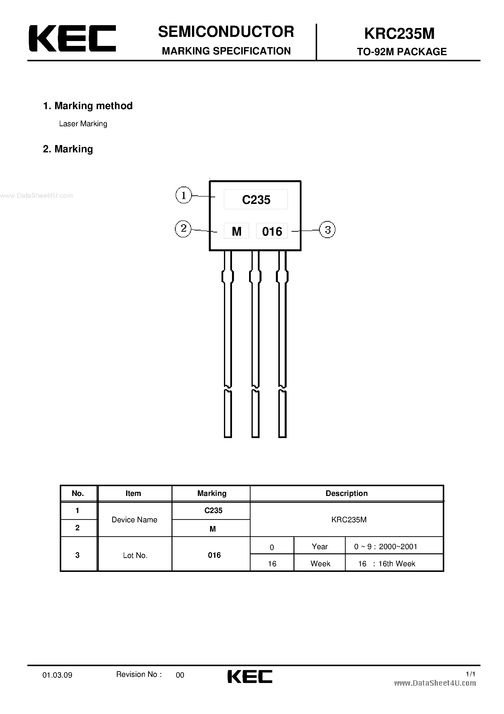 Datasheet KRC235M - SEMICONDUCTOR MARKING SPECIFICATION page 1
