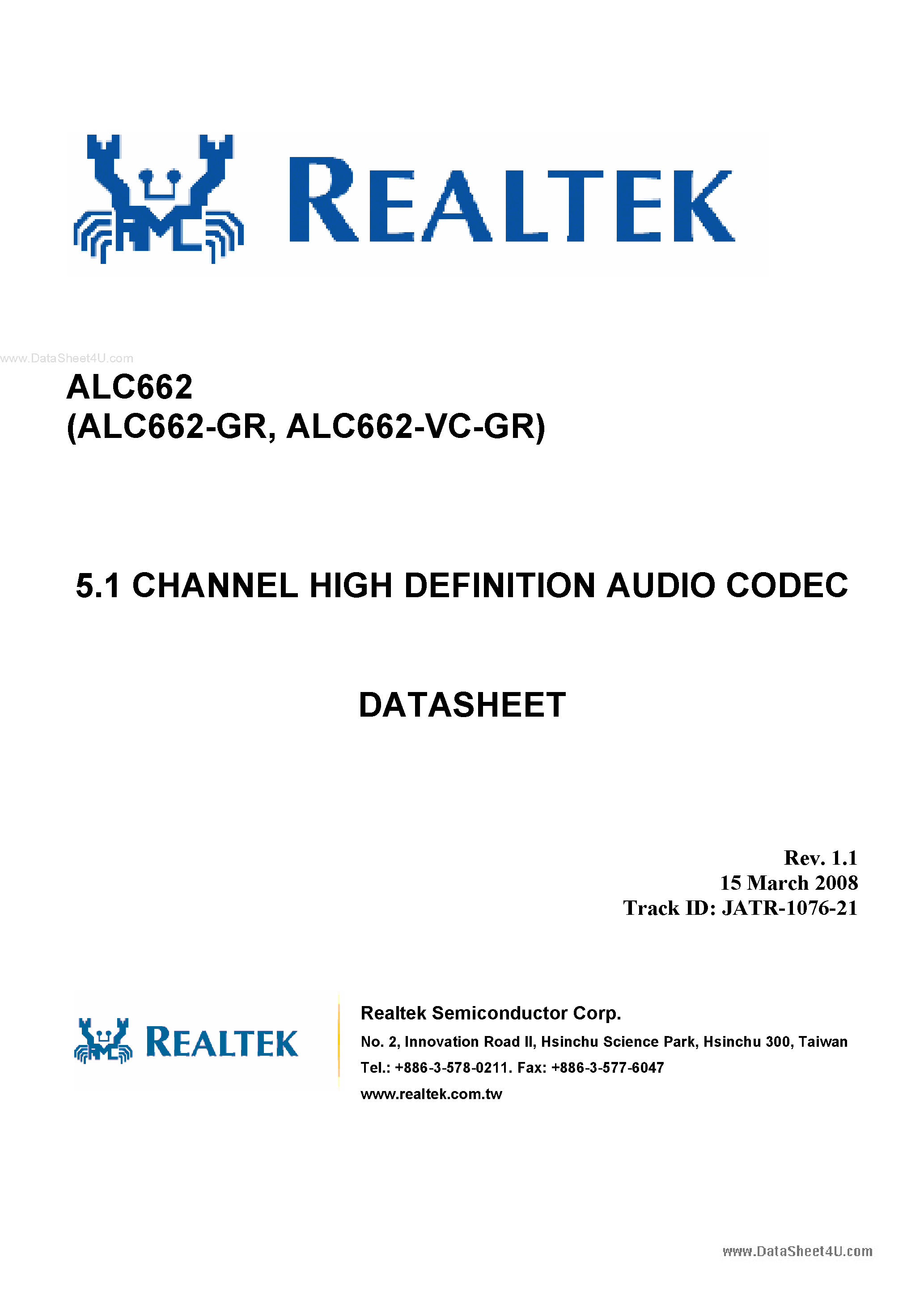 Даташит ALC662 - 5.1-Channel High Defintion Audio Codec страница 1