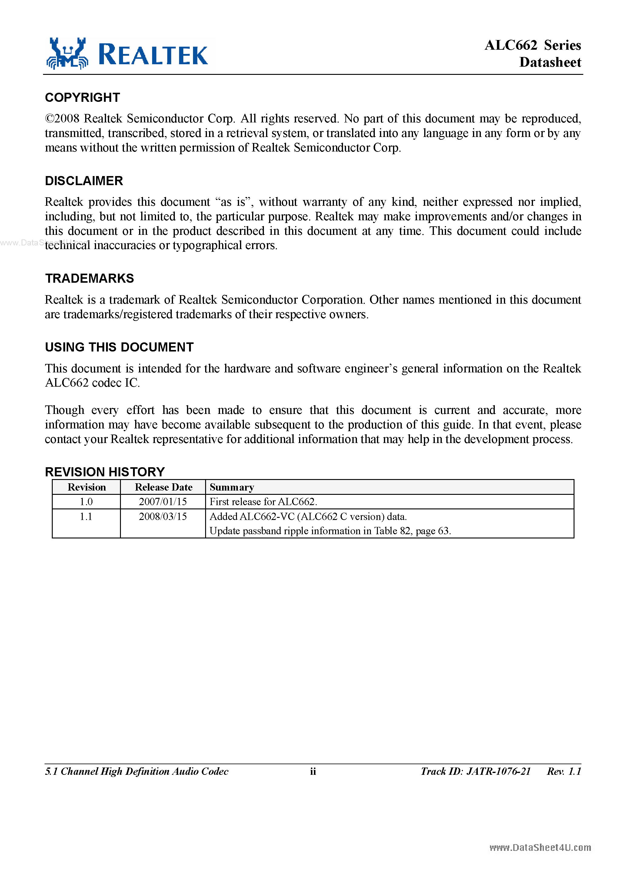 Даташит на микросхему ALC662 страница 2 Даташит ALC662 - 5.1-Channel High Defintion Audio Codec страница 2
