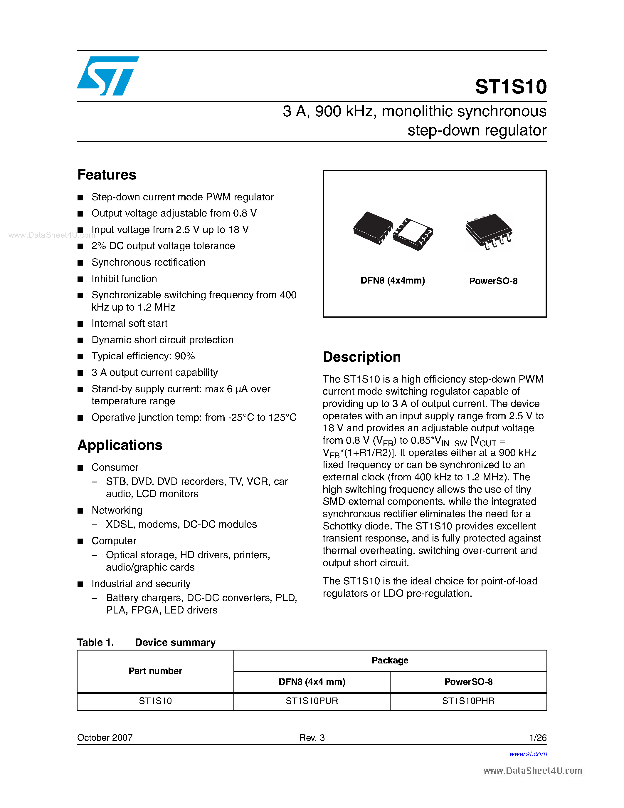 Datasheet ST1S10 - monolithic synchronous step-down regulator page 1