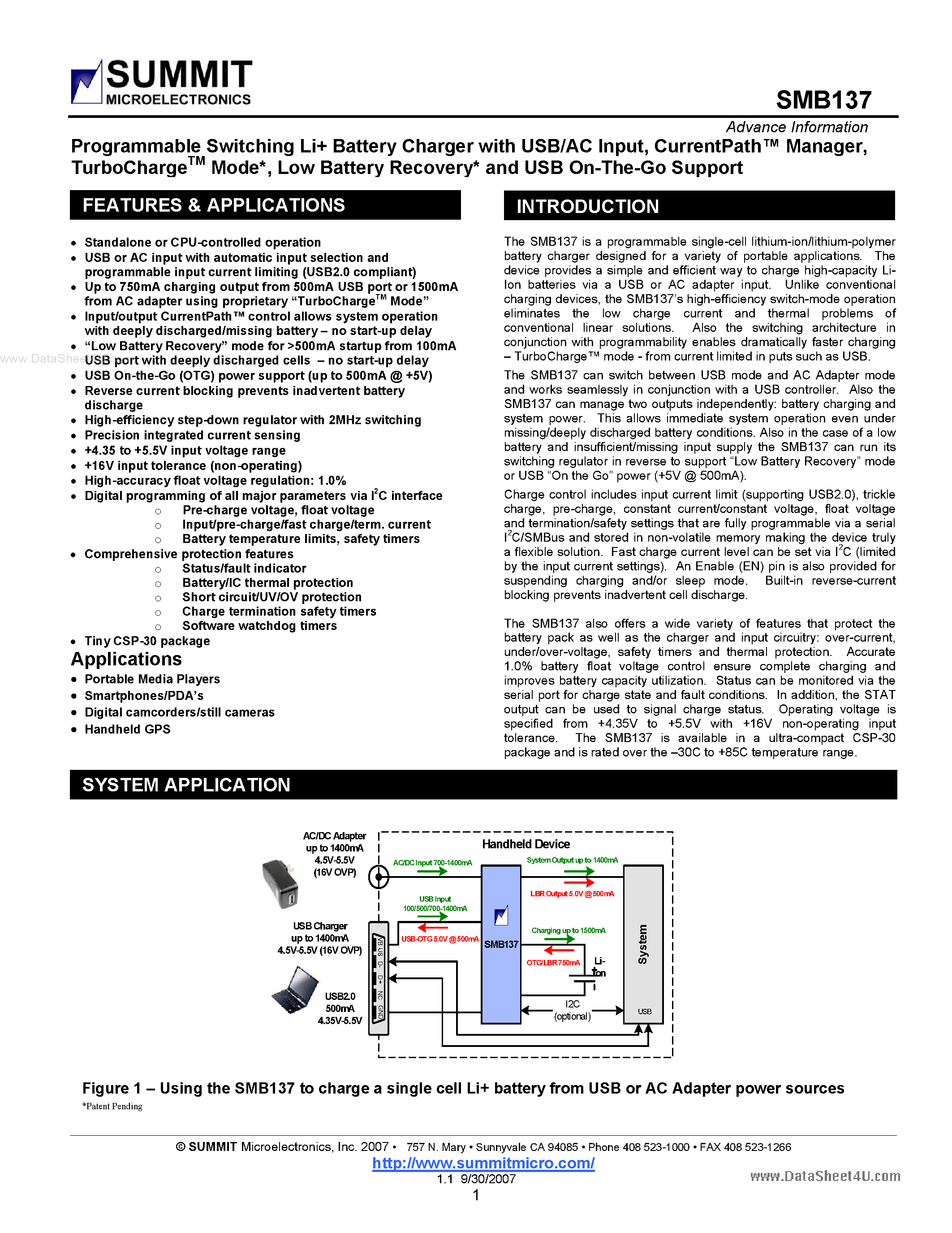 Datasheet SMB137 - Programmable Switching Li+ Battery Charger page 1
