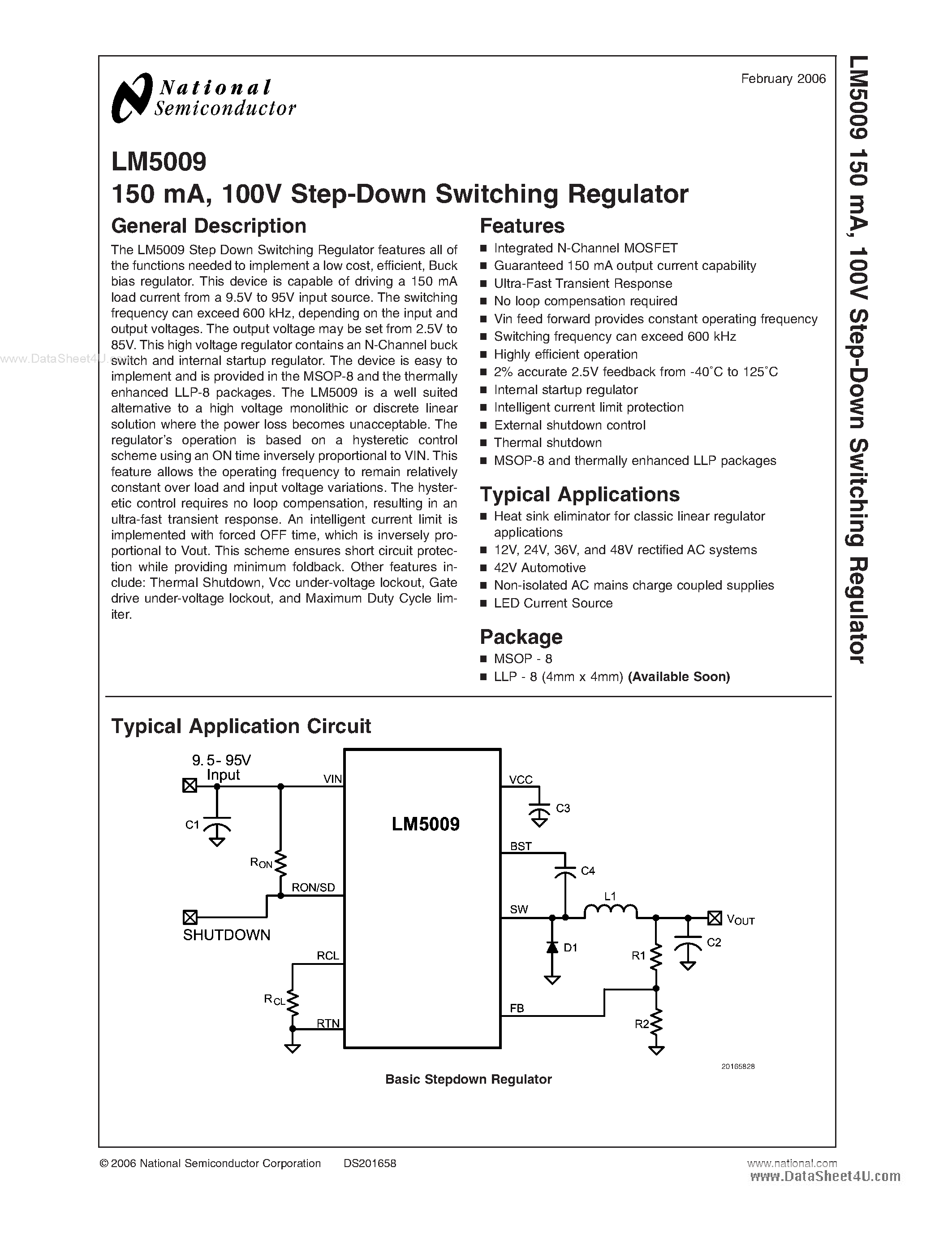 Даташит LM5009 - 100V Step-Down Switching Regulator страница 1