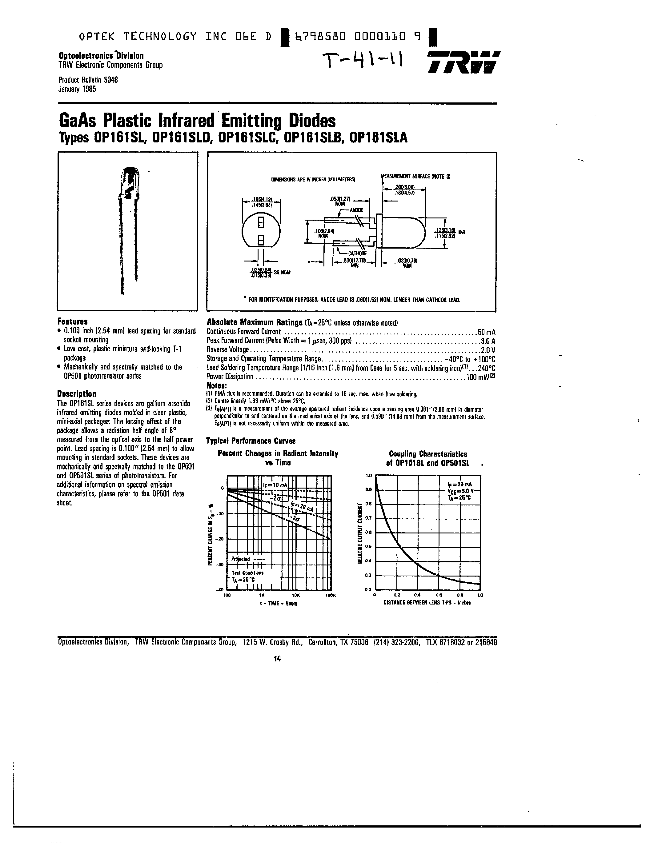 Datasheet OP161SL - GaAs Plastic Infrared Emitting Diodes page 1