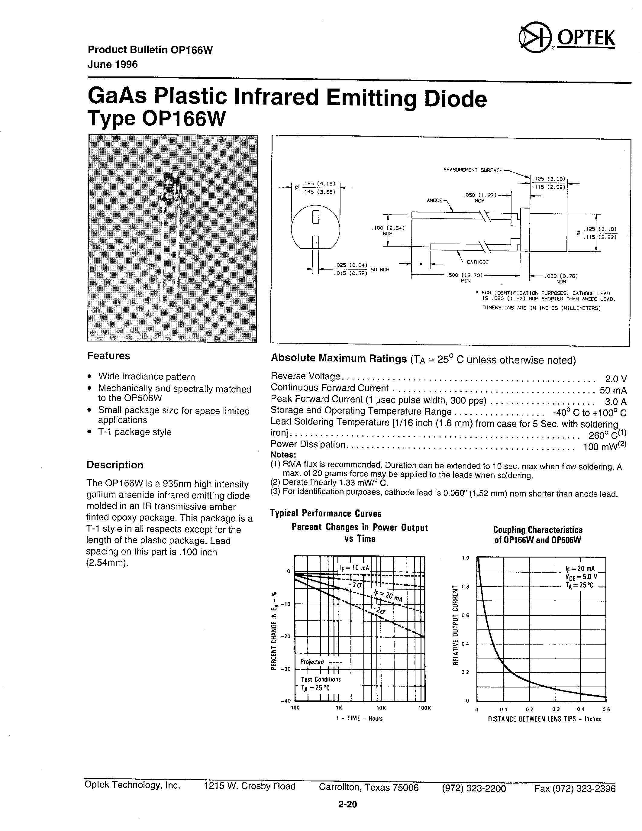 Datasheet OP166W - GaAs Plastic Infrared Emitting Diode page 1