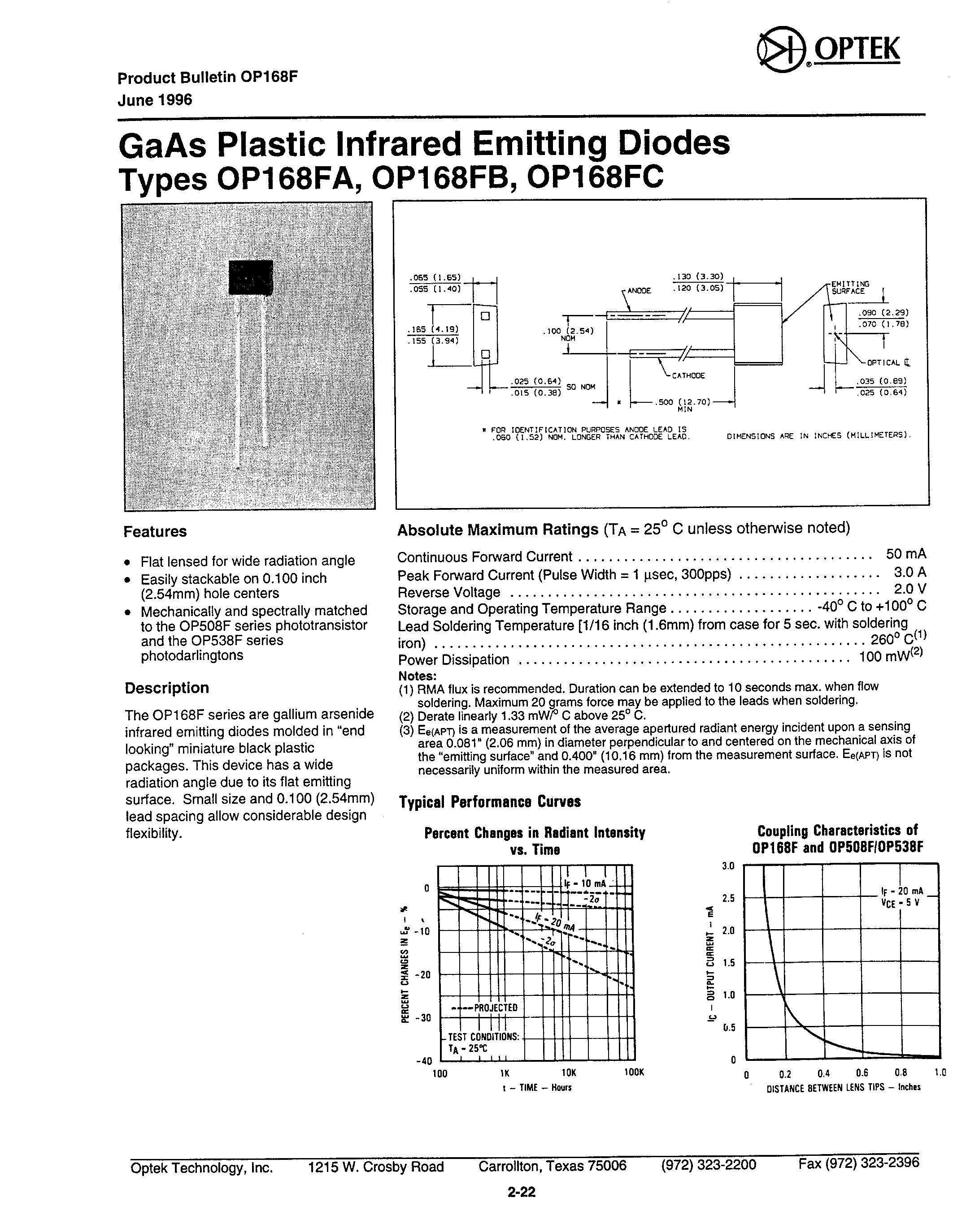 Datasheet OP168FA - GaAs Plastic Infrared Emitting Diodes page 1