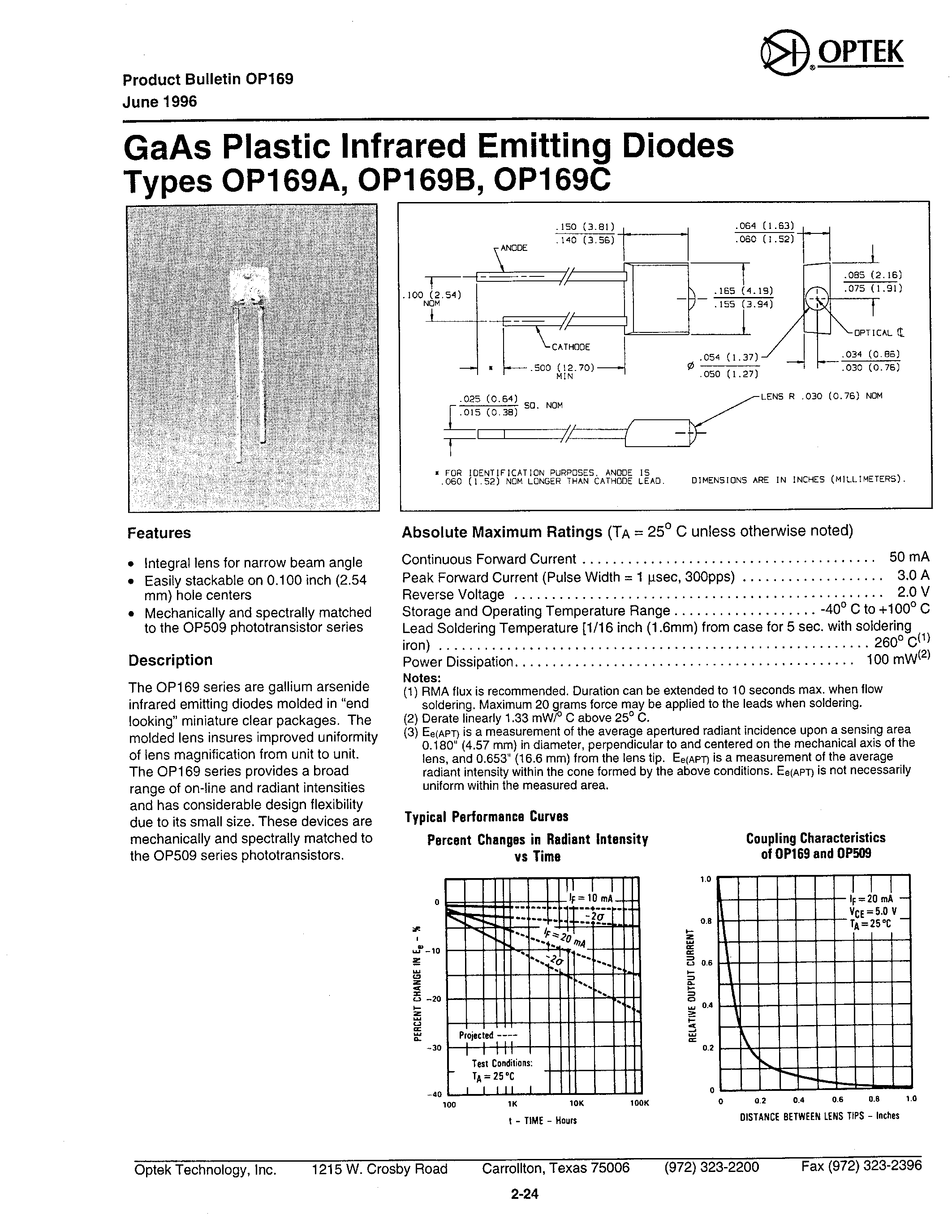 Datasheet OP169A - GaAs Plastic Infrared Emitting Diodes page 1