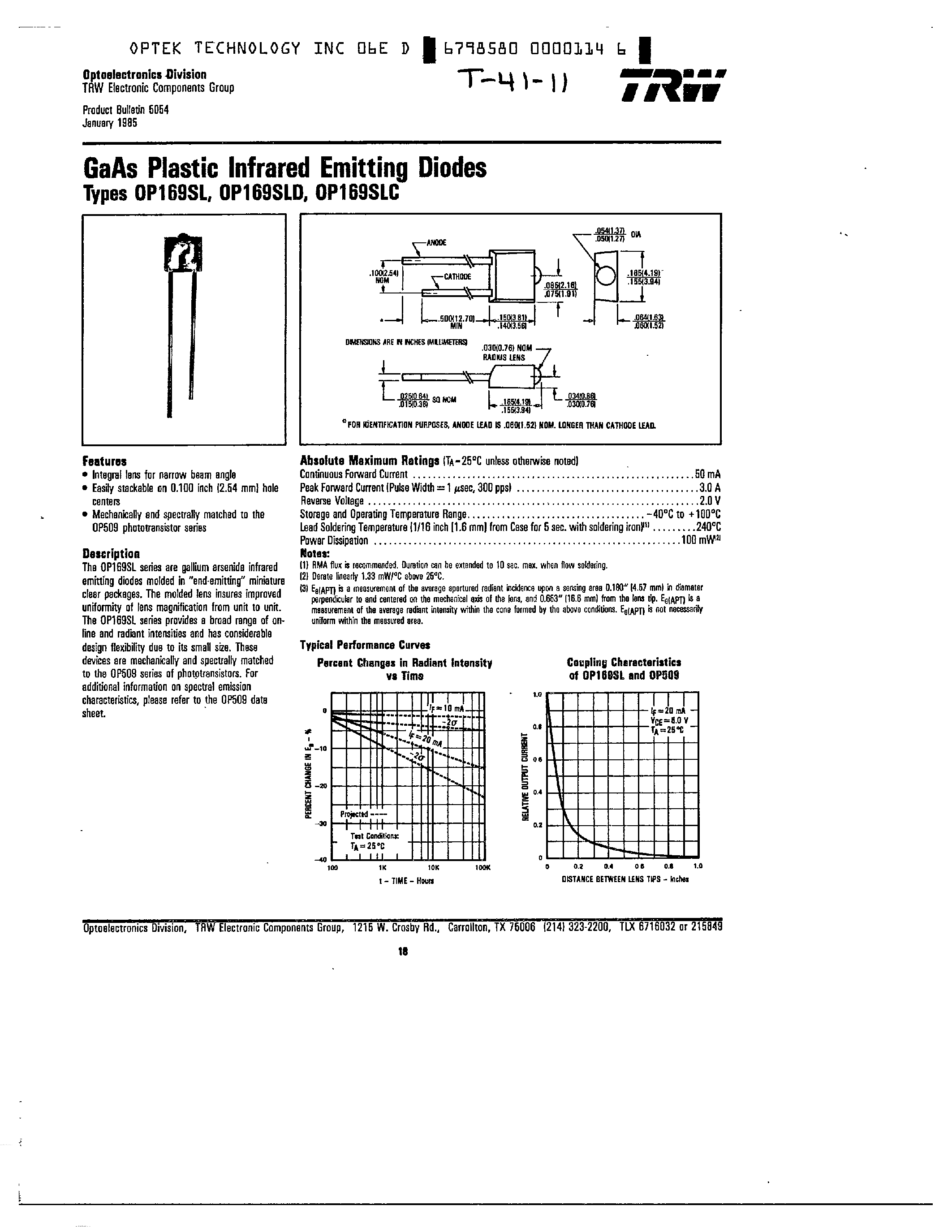 Datasheet OP169SL - GaAs PLASTIC INFRARED EMITTING DIODES page 1