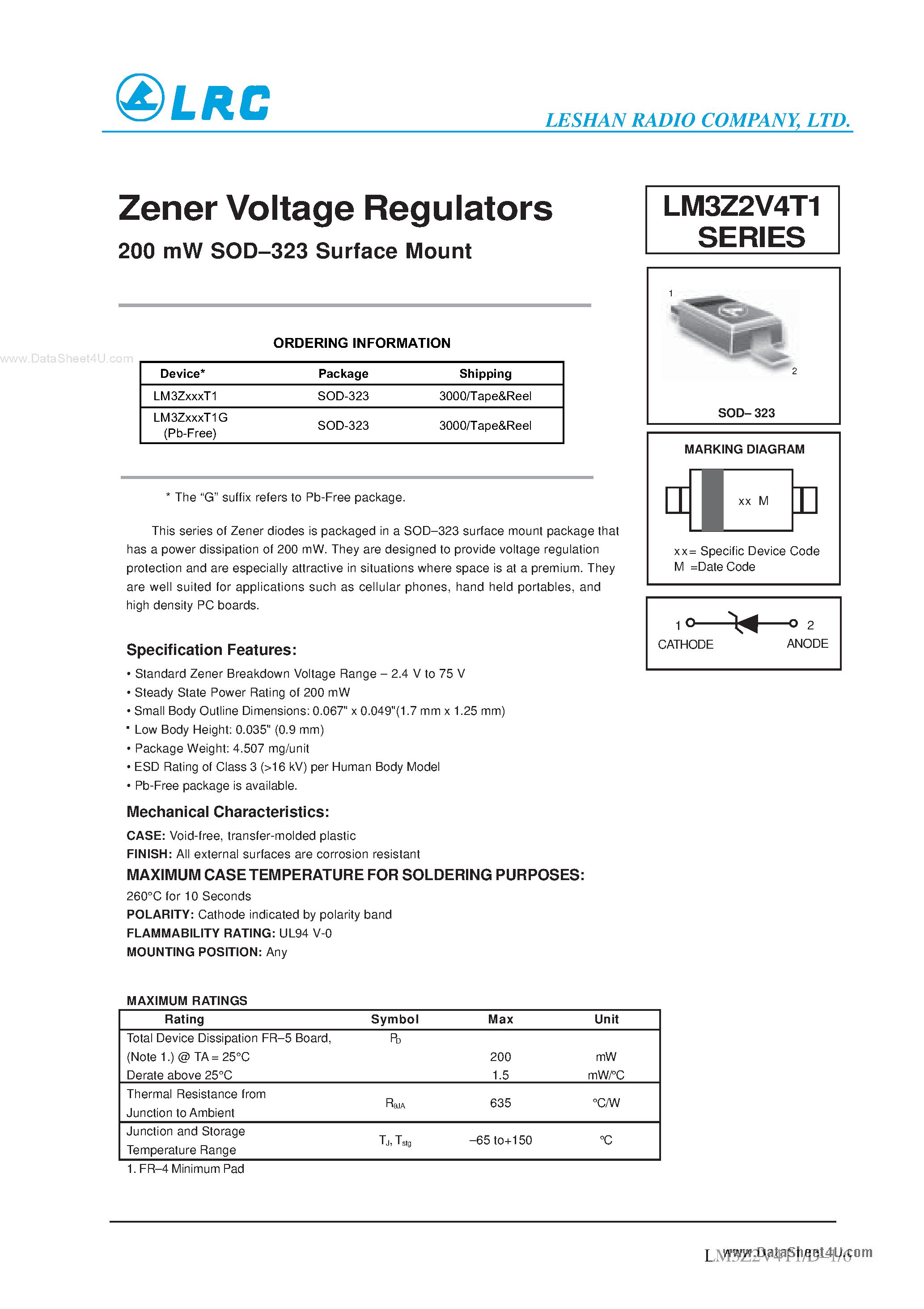 Datasheet LM3Z2V4T1 - Zener Voltage Regulators page 1