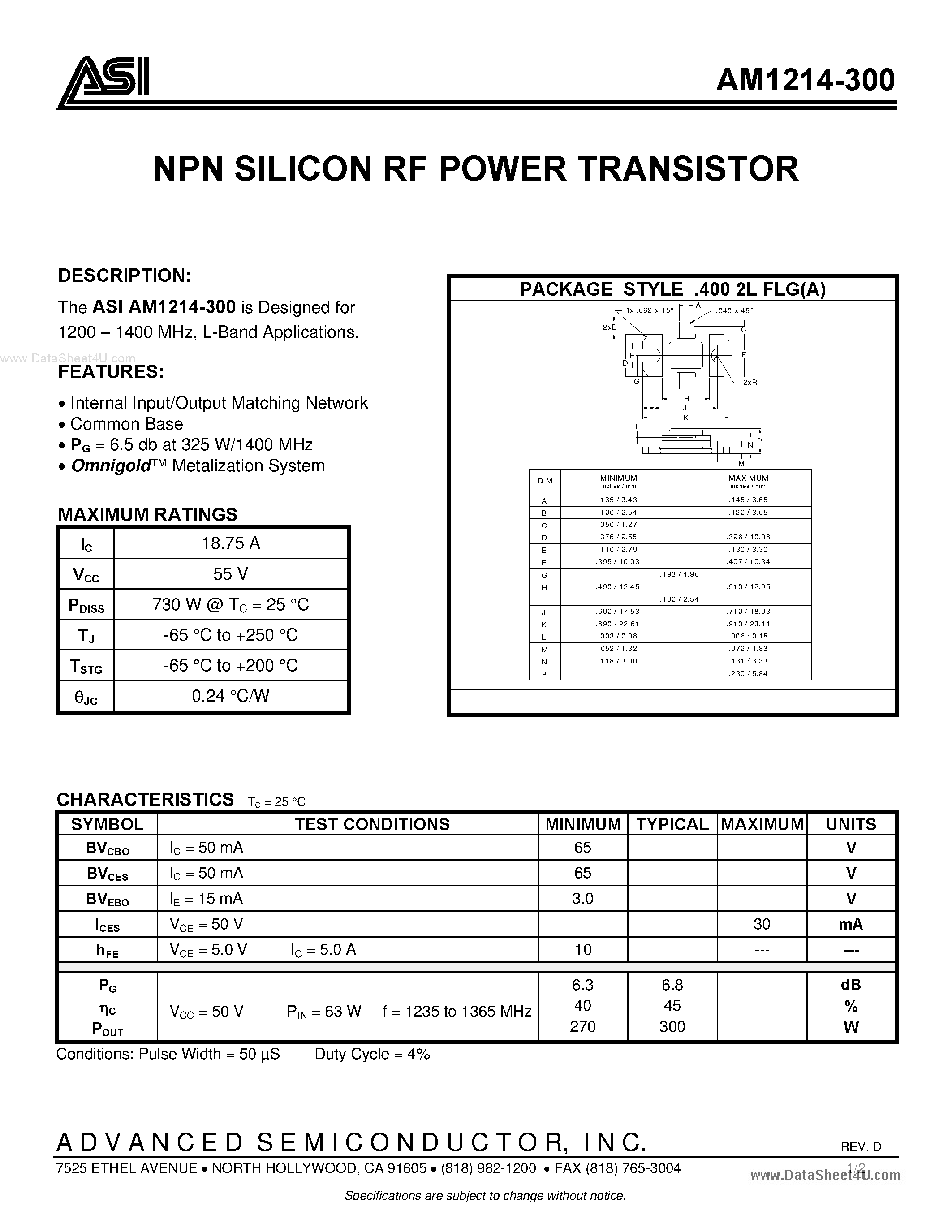 Datasheet AM1214-300 - NPN SILICON RF POWER TRANSISTOR page 1